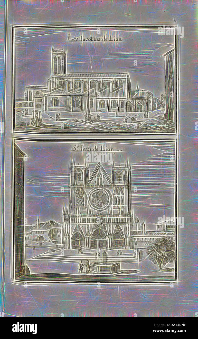 Due illustrazioni architettoniche storiche raffigurano edifici notevoli a Lione. La parte superiore mostra l'intricata facciata dell'Ancien Évêché de Lyon, mentre la parte inferiore presenta la grandiosa "Cattedrale di St. Jean", che mette in risalto l'imponente rosone e il campanile. Entrambe le strutture trasudano un senso di significato storico e di dettaglio artistico: Lo Iacobin del Leone e Sant'Ieo del Leone, l'Église des Jacobins e la Cattedrale di Saint Jean di Lione, Fig. 33, Quinta parte, dopo pag. 18, Martin Zeiller: Topographia Galliae, oder, Beschreibung und Contrafaitung der vornehmbsten und bekantisten Oerter in dem mächtigen und Foto Stock