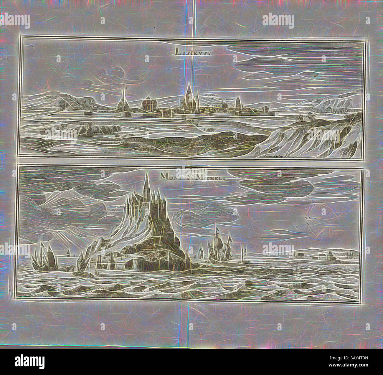 Una rappresentazione scenica che mostra due paesaggi distinti: La metà superiore presenta una valle tranquilla con guglie lontane che sbirciano attraverso dolci colline, mentre la metà inferiore illustra la silhouette iconica del Mont Saint-Michel che si innalza maestosamente dal mare, circondato da dolci onde e barche a vela. Lisieus e Mont St. Michel, Lisieux e l'Abbazia di Mont-Saint-Michel in Normandia, firmata: Iohan Peeters del, Fig. 73, ottava parte, dopo p. 20, Peeters, Jacob (del.), Martin Zeiller: Topographia Galliae, oder, Beschreibung und Contrafaitung der vornehmbsten und bekantisten Oerter in dem mächtigen Foto Stock
