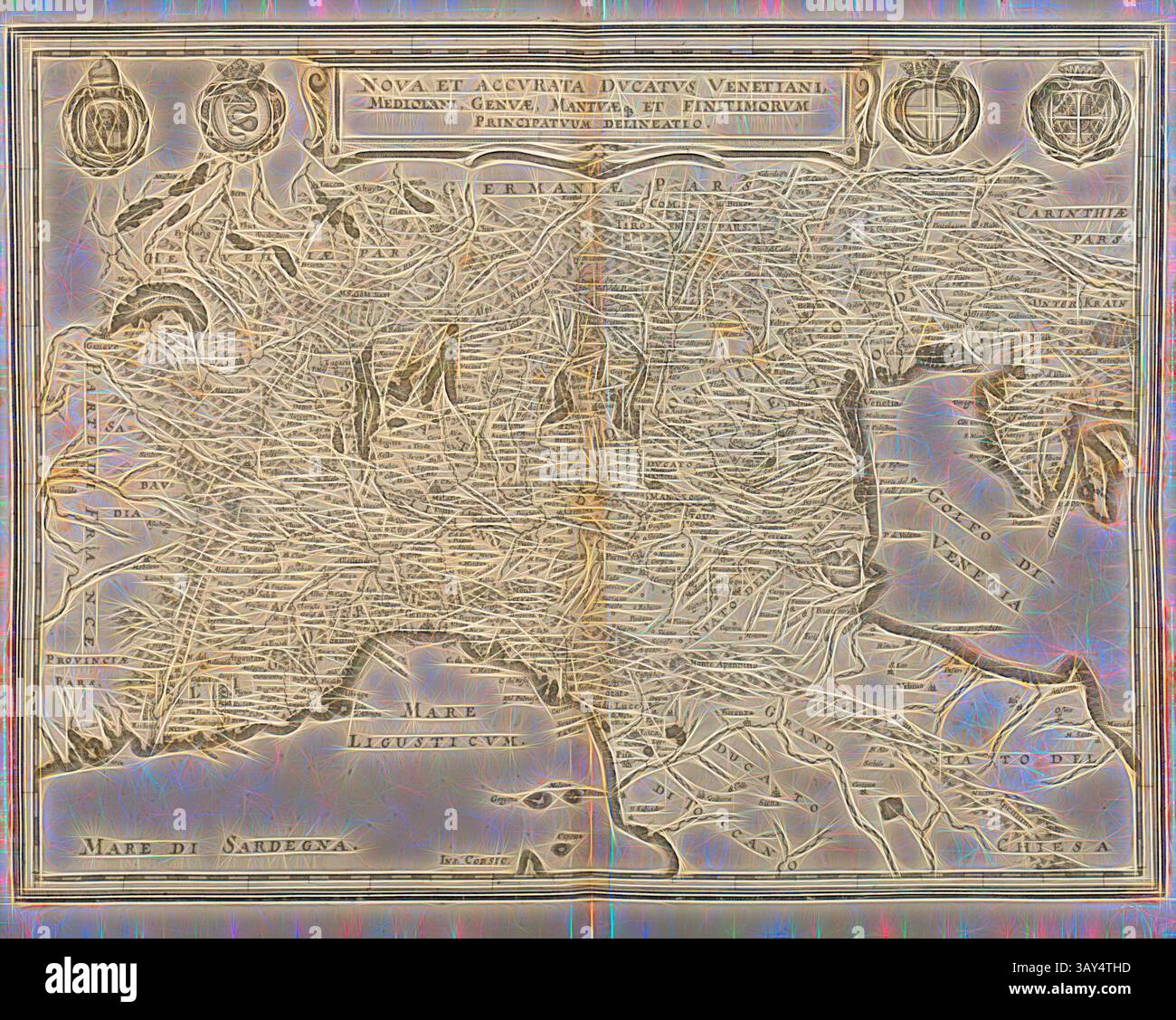 Una mappa storica che mostra l'intricata geografia dei territori veneziani, completa di dettagliate illustrazioni, etichette e simboli di navigazione, che riflettono lo stile cartografico del periodo. Un nuovo e accurato Ducato Venetiani, Milano, Genova, Mantova e il principio caraibico, Mappa del Nord Italia, Fig. 5, Merian, Matthaeus, der Ältere (fec.), 1640, Martin Zeiller: Itinerarium Italiae nov-antiquae oder Raiss-Beschreibung durch Italien: darinn nicht allein viel underschiedliche Weg durch das Welschland selbsten [...]. Francoforte sul meno: A Verlegung Matthaei Merians, M.DC.XL. [. Foto Stock