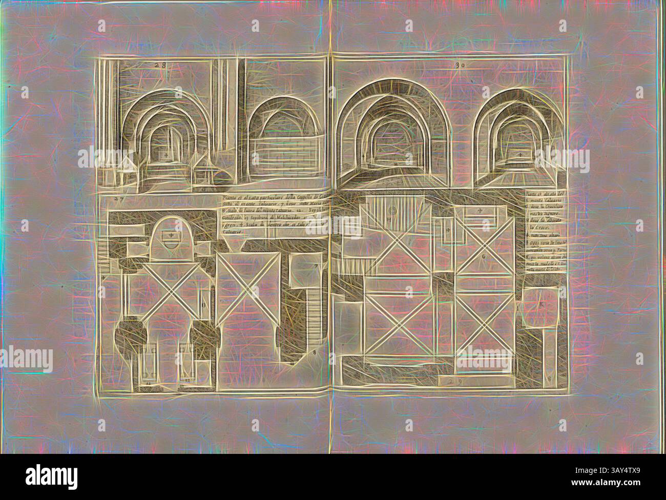 Un dettagliato layout architettonico che presenta una serie di archi, forme geometriche e strutture intricate, mettendo in risalto la complessità e l'eleganza del design. Piano e particolare elevazione della Cappella di Gottifredo sotto il monte Calvario ... piano e elevazione del S. monte Clavario G. dove si trovava il nostro Signore Crocifisso ..., Cappelle Golgota e Cappelle della Chiesa del Santo Sepolcro a Gerusalemme, Fig. 20, 27, 28, 29, 30, P. 40, amico, Bernardino (inv.); tempesta, Antonio (sc.), 1591, Bernardino amico da Gallipoli: trattato delle piante & immagini de Sacri edifizi di Terra Santa disegnate Foto Stock