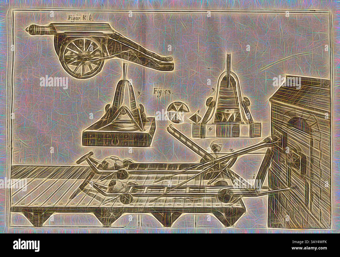 Una collezione di intricati disegni meccanici con vari tipi di cannoni e i loro componenti, esposti accanto a una rappresentazione dettagliata del ponte di una nave, che mostra ingegno ingegneristico e armi storiche. Petarden, Vista e sezione trasversale di un petard e dispositivo mobile per collegare un petard, fig. 53, dopo P. 98 (parte 6), 1730, Kazimierz Siemienowicz, Daniel Elrich, Thoma Leonhard Beeren: Vollkommene Geschütz-Feuerwerck- und Büchsenmeisterey-Kunst: Hiebevor in Lateinischer Sprach beschrieben & mit Fleisz zusammen getragen. Franckfurt am Mayn: A Verlegung Johann David Foto Stock