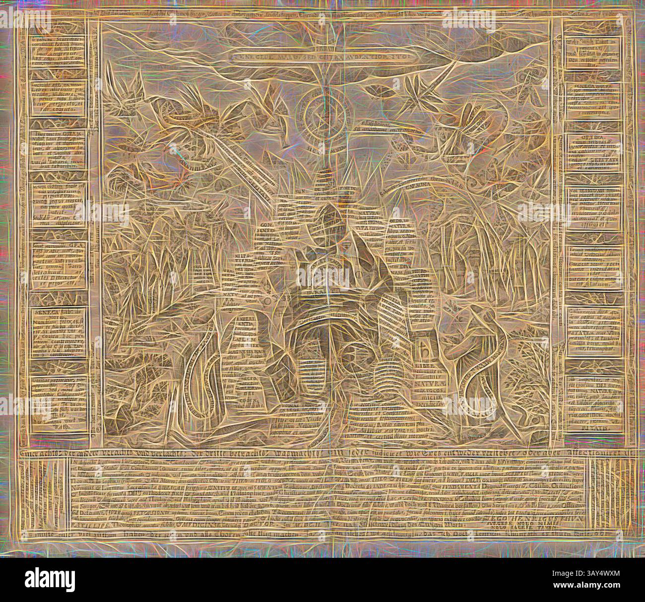 Un'intricata composizione caratterizzata da una figura centrale circondata da una lussureggiante flora e acqua fluente, adornata da motivi simbolici e motivi che suggeriscono un rapporto armonioso tra natura e spiritualità. La scena è incorniciata da bordi stilizzati che ne esaltano la qualità decorativa. Feinde, Figura del pannello di nemici dell'Amphitheatrum sapientiae aeternae di Heinrich Khunrath del XVII secolo, Taf. 3, pag. 10, 1609, Heinrich Khunrath: Amphitheatrum sapientiae aeternae, solius verae, christiano-kabalisticum, divino-magicum, nec non Physico-chymicum, tertriunum, Catholicon, Classic art Foto Stock
