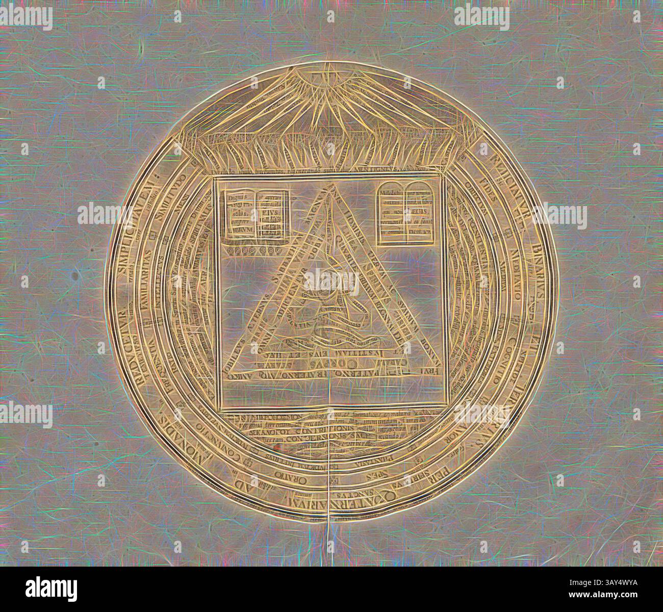 Un emblema dettagliato caratterizzato da un design triangolare racchiuso all'interno di un bordo circolare, adornato da simboli e testo che suggerisce temi di saggezza e illuminazione. Il motivo centrale è una piramide, fiancheggiata da finestre e iscrizioni che suggeriscono concetti filosofici o esoterici., Adam, Figura della tavoletta di Adamo dall'Amphitheatrum sapientiae aeternae di Heinrich Khunrath del XVII secolo, Taf. 5, pag. 16, 1609, Heinrich Khunrath: Amphitheatrum sapientiae aeternae, solius verae, christiano-kabalisticum, divino-magicum, nec non Physico-chymicum, tertriunum, catholicon, arte classica con a Foto Stock