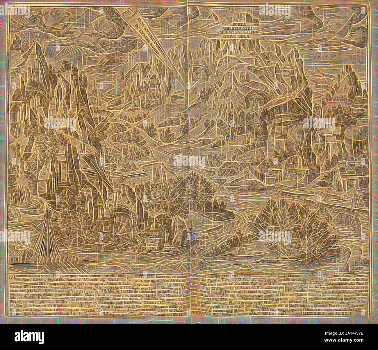Un paesaggio splendidamente intricato caratterizzato da montagne aspre, nuvole vorticose e dettagli naturali, accompagnati da testo che aggiunge contesto alla scena raffigurata. La composizione complessiva è ricca di lavori di linea e consistenza, creando un'accattivante esplorazione visiva del terreno., delinea Gymnasii, illustrazione del pannello 'Adumbratio Gymnasii' dall' 'Amphitheatrum sapientiae aeternae' di Heinrich Khunrath del XVII secolo, Taf. 10, p. 31, 1609, Heinrich Khunrath: Amphitheatrum sapientiae aeternae, solius verae, christiano-kabalisticum, divino-magicum, nec non Physico-chymicum Foto Stock