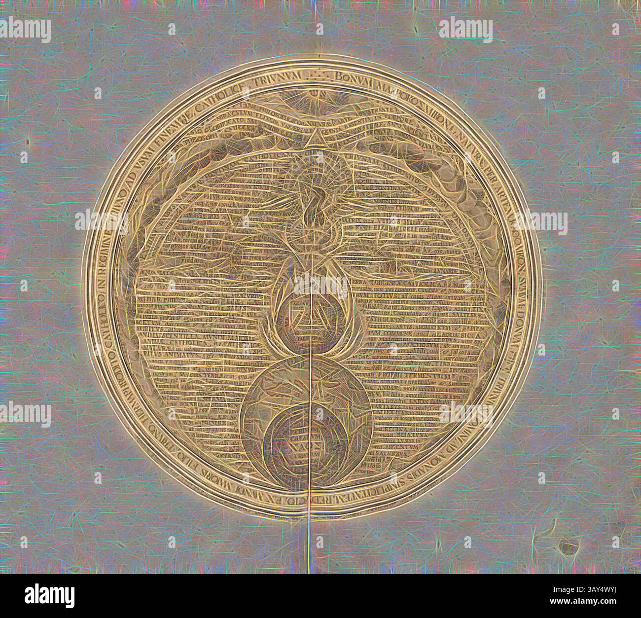 Un intricato disegno circolare presenta una sfera centrale circondata da linee vorticose e motivi ornati, evocando un senso di armonia cosmica e profondità filosofica. Il testo circonda le immagini, suggerendo temi di unità e illuminazione., Tear Up, Illustration of the table of the Rebis from Heinrich Khunrath's 'Amphitheatrum sapientiae aeternae' from the XVII secolo, Taf. 6, pag. 19, 1609, Heinrich Khunrath: Amphitheatrum sapientiae aeternae, solius verae, christiano-kabalisticum, divino-magicum, nec non Physico-chymicum, tertriunum, Catholicon, arte classica con un tocco moderno reinventata da Foto Stock