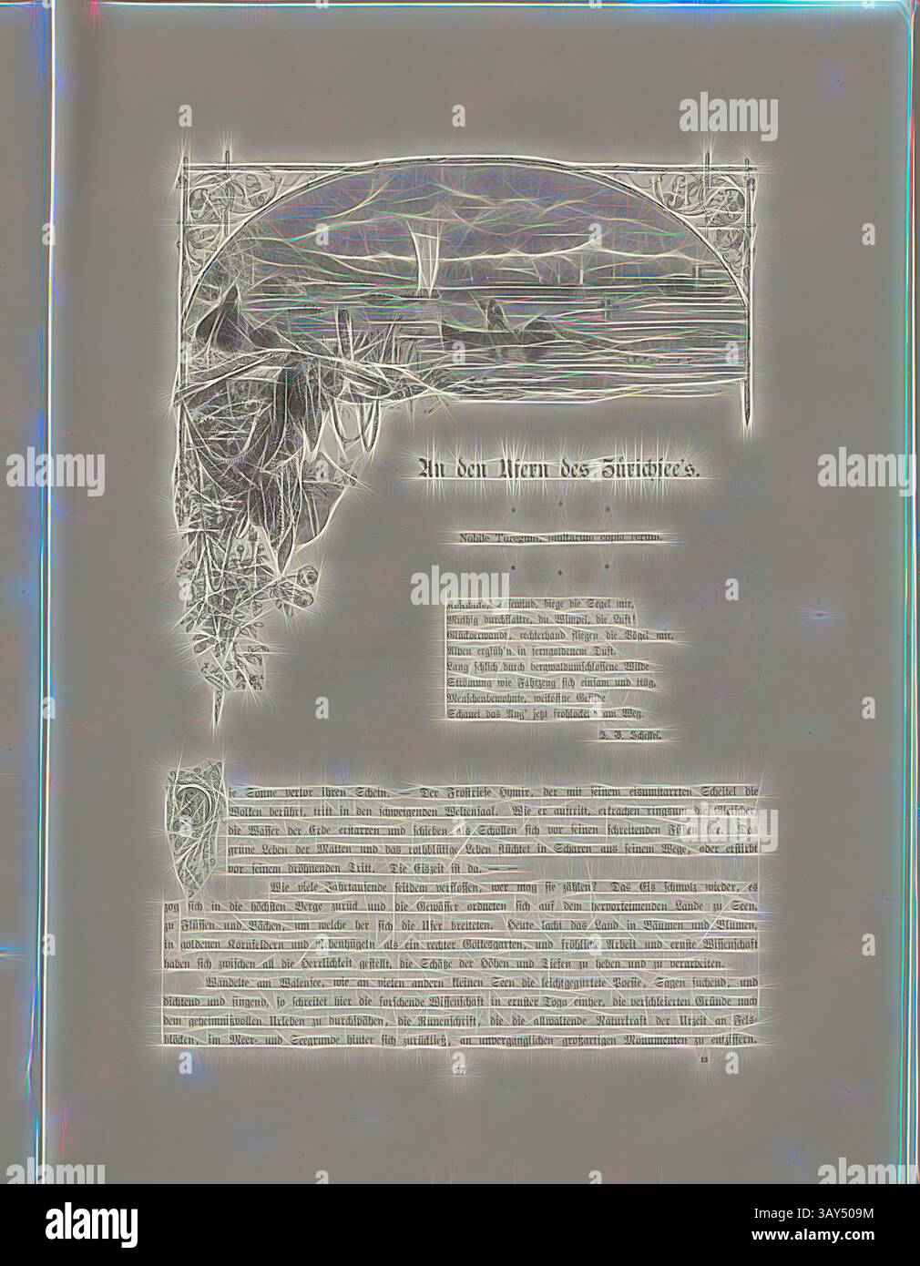 Una pagina dal design complesso con un'illustrazione superiore curva di un paesaggio, che potrebbe rappresentare acqua e fogliame, completata da elementi decorativi. Di seguito, ci sono righe di testo che danno un'impressione di un'opera letteraria o artistica., frontespizio, titolo vignetta del XIX secolo, firmata: E. Heyn, Fig. 78, p. 97, Heyn, Ernst, Woldemar Kaden: DAS Schweizerland: eine Sommerfahrt durch Gebirg und Thal. Stoccarda: Engelhorn, 1875, arte classica con un tocco moderno reinventata da Artotop Foto Stock