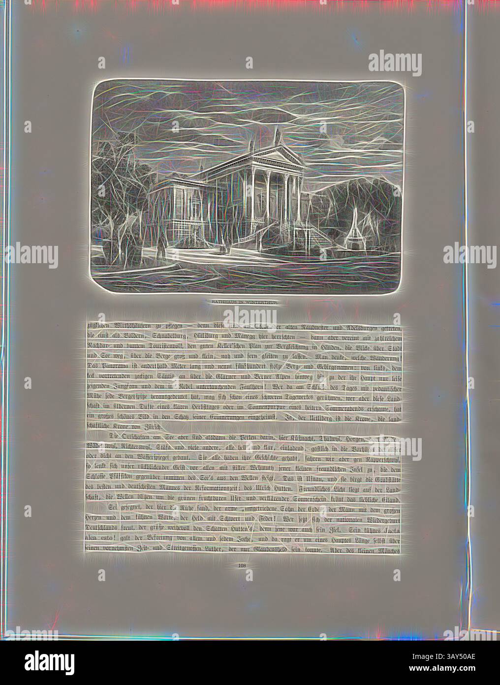 Un'illustrazione dettagliata di un edificio classico circondato da alberi, completato da un bordo ornato. Sotto l'immagine, c'è un blocco di testo che fornisce il contesto storico o informazioni relative alla struttura., Municipio di Winterthur, illustrazione del Municipio di Winterthur del XIX secolo, firmato: AB, Figura 86, p. 108, Braith, a., Woldemar Kaden: DAS Schweizerland: eine Sommerfahrt durch Gebirg und Thal. Stoccarda: Engelhorn, 1875, arte classica con un tocco moderno reinventata da Artotop Foto Stock