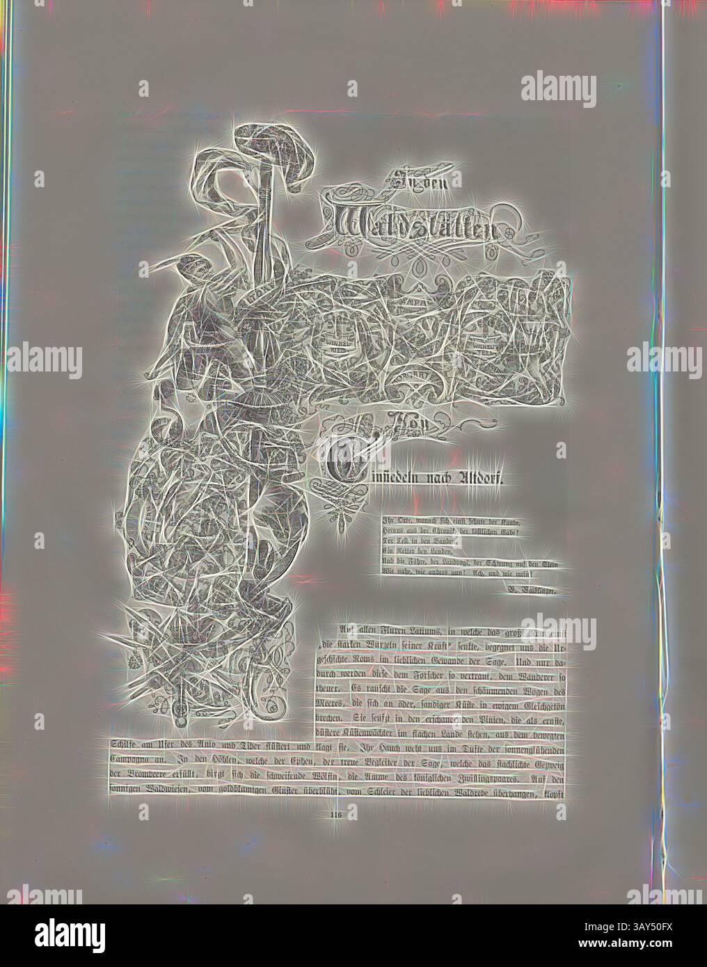 L'opera presenta una figura stilizzata intrecciata con intricate vigne e fogliame, accompagnata da testo decorativo che suggerisce un elemento poetico o narrativo. La composizione fonde motivi organici con caratteri elaborati, evocando un senso di natura e creatività. Frontespizio, Title vignette del XIX secolo, firmato: LD, Fig. 95, p. 116, Dill, Ludwig, Woldemar Kaden: DAS Schweizerland: eine Sommerfahrt durch Gebirg und Thal. Stoccarda: Engelhorn, 1875, arte classica con un tocco moderno reinventata da Artotop Foto Stock