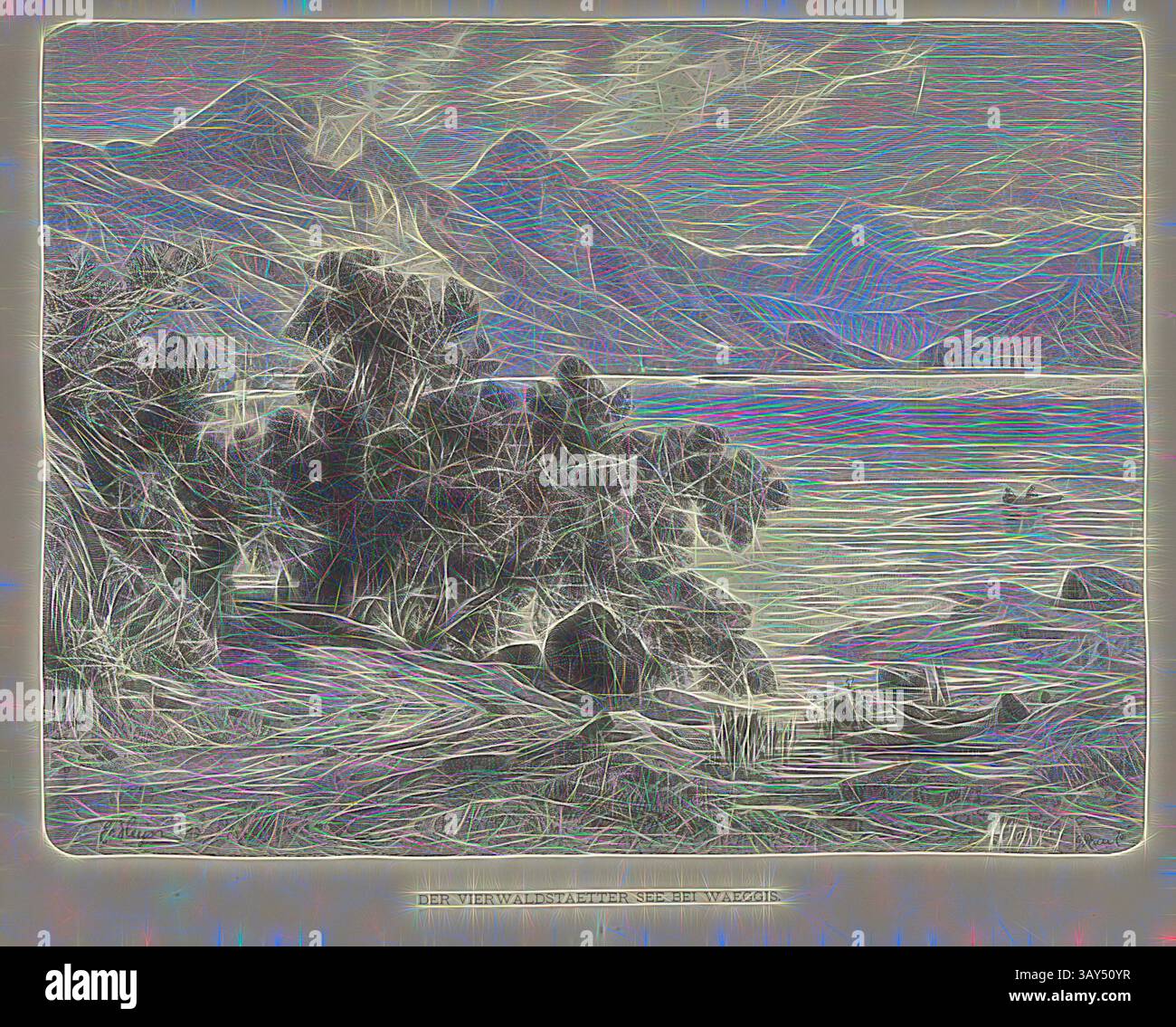Un paesaggio sereno mette in mostra un tranquillo corpo d'acqua circondato da montagne lontane, con vegetazione lussureggiante in primo piano, creando un'atmosfera tranquilla. L'interazione di luci e ombre aggiunge profondità alla scena, esaltandone la bellezza naturale. Il lago Vierwaldstaetter a Waeggis, illustrazione del Vierwaldstättersee vicino a Wäggis del XIX secolo, firmato: E. Heyn, A. Closs X.J, G. Rau, Fig. 157, pag. 176, Heyn, Ernst; Closs, Adolf; Rau, G. (sc.), Woldemar Kaden: DAS Schweizerland: eine Sommerfahrt durch Gebirg und Thal. Stoccarda: Engelhorn, 1875, arte classica con un tocco moderno Foto Stock