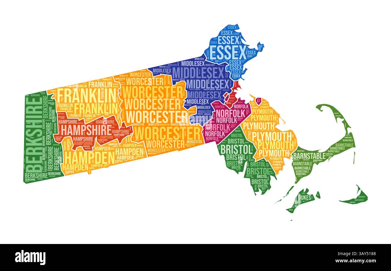 Forma Massachusetts. State Word cloud con divisione contea. Illustrazione colorata del Massachusetts. I nomi delle contee sono nubi. Illustrazione vettoriale. Illustrazione Vettoriale