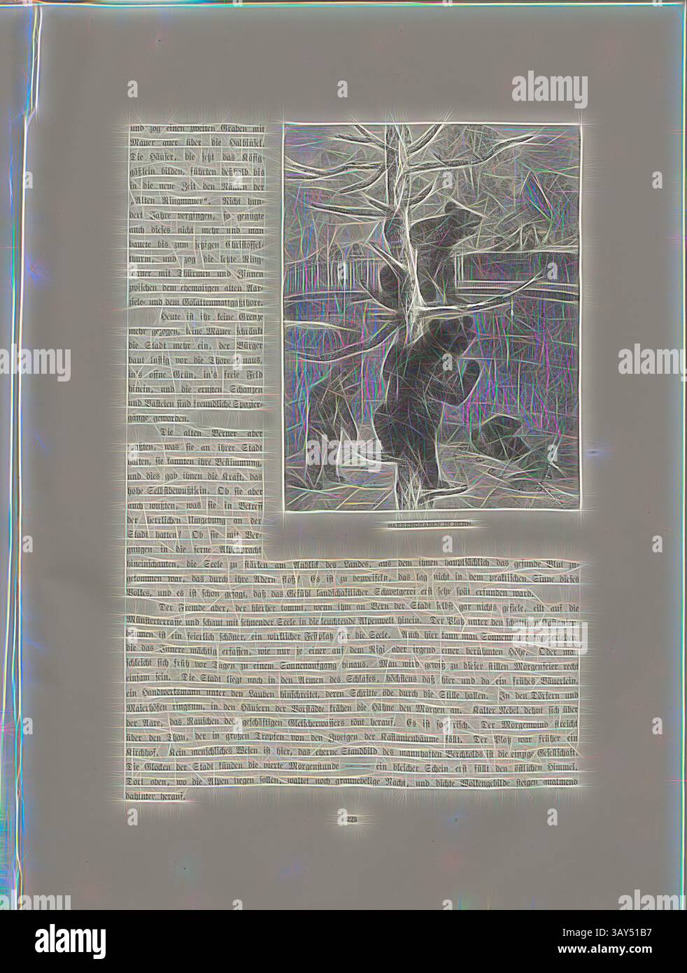 Una rappresentazione stilizzata di un orso in piedi sulle sue zampe posteriori, circondata da alberi, è rappresentata accanto a un blocco di testo pieno di informazioni densamente ricche, suggerendo una miscela di narrazione e immagini. L'orso sembra essere in un ambiente naturale, che accenna a temi di conservazione della natura e della fauna selvatica., Baerengraben a Berna, illustrazione del pozzo dell'orso a Berna, firmato: FSP, Fig. 190, p. 223, Specht, p., Woldemar Kaden: DAS Schweizerland: eine Sommerfahrt durch Gebirg und Thal. Stoccarda: Engelhorn, 1875, arte classica con un tocco moderno reinventata da Artotop Foto Stock