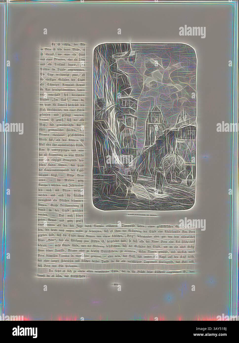 Un'intricata rappresentazione di un paesaggio caratterizzato da torri e formazioni rocciose, accompagnata da un fitto blocco di testo che fornisce contesto o narrazione. L'opera d'arte complessiva combina elementi di architettura e natura, creando un effetto surreale e stratificato., Kesslergasse a Berna, illustrazione della Kesslergasse a Berna con la Torre Minster sullo sfondo del XIX secolo, firmata: G. Bauernfeind, Fig. 189, p. 221, Bauernfeind, Gustav, Woldemar Kaden: DAS Schweizerland: eine Sommerfahrt durch Gebirg und Thal. Stoccarda: Engelhorn, 1875, arte classica con un tocco moderno reinventata da Foto Stock