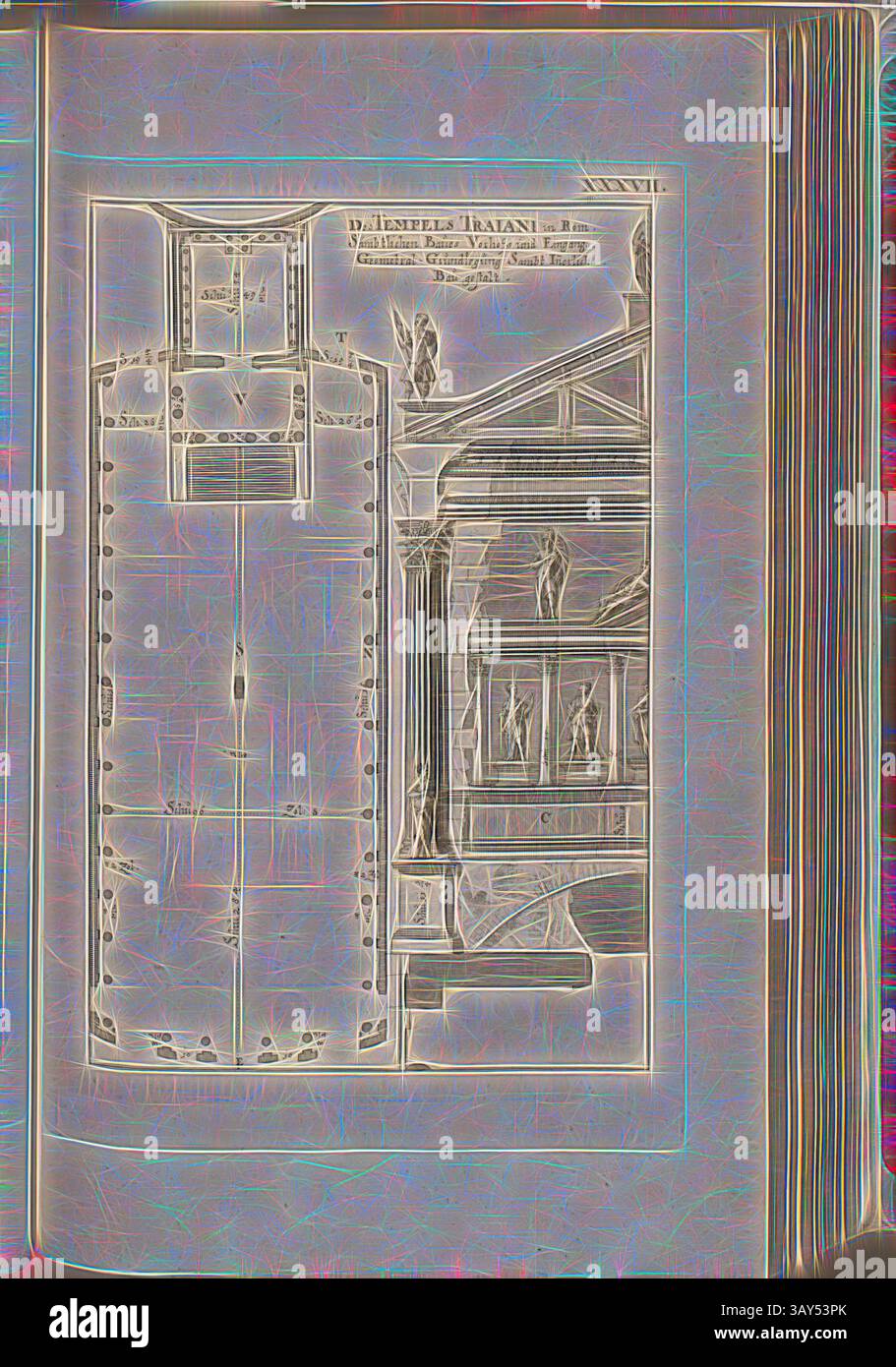 Un'illustrazione architettonica dettagliata che mostra un'antica struttura, con colonne e disegni intricati, probabilmente raffigurante un tempio o un edificio monumentale. La disposizione include sia la vista frontale che laterale, enfatizzando la sua grandezza e l'artigianato dell'epoca. Del tempio Traiani a Roma. Sacrifici di costruzione atrio e ingresso, fondazioni geometriche. Velluto. Costruzione degli interni, Tempio di Traiano a Roma, Fig. 52, XXXVII, dopo P. 30, Offizin Endter Nürnberg (imp.), 1775, Joachim von Sandrart: Teutsche Academie der Bau- Bildhauer- und Maler-Kunst: Worinn die Regeln und Lehrsätze Foto Stock