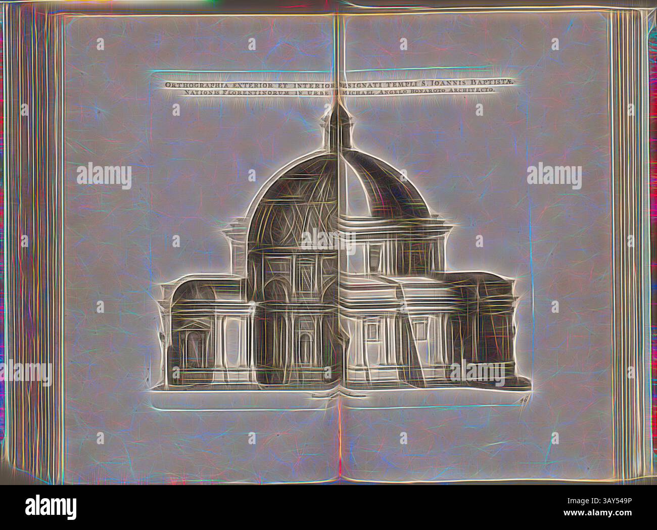 Un disegno architettonico di una struttura a cupola imponente, che mostra dettagli intricati ed elementi di design classici, accompagnato da un'iscrizione latina nella parte superiore. L'esterno e l'interno del paese designato Tempio di San Giovanni Battista nella città di Firenze ..., la chiesa di San Giovanni dei Fiorentini a Roma, Fig. 102, 46, dopo P. 94, Offizin Endter Nürnberg (imp.), 1775, Joachim von Sandrart: Teutsche Academie der Bau- Bildhauer- und Maler-Kunst: Worinn die Regeln und Lehrsätze dieser Künste gegeben, nicht weniger zu mehrerer Erläuterung die besten Exempel der alten und neuen Künstler in Foto Stock