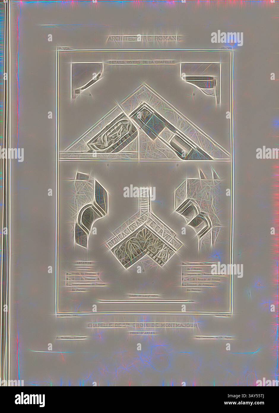 Un dettagliato diagramma architettonico che mostra vari disegni e metodi di costruzione dell'epoca romana, con intricati lavori di linea e annotazioni che mettono in risalto elementi strutturali., Cappella di Ste. Montmajour Cross, Sainte-Croix Chapel of the Montmajour Abbey vicino Arles, firmata: H. Revoil del, Sellier sc, A. Morel éditeur, Fig. 21, PL. VII, dopo P. 50, Revoil, Henry (del.); Sellier (sc.); Morel, A. (éditeur), Henry Revoil: Architecture romane du Midi de la France: dessinée, mesurée et décrite. BD 1) Parigi: VVE A. Morel & Cie, Libraires-Editeurs, MDCCC LXXIII. [1873], arte classica con a Foto Stock