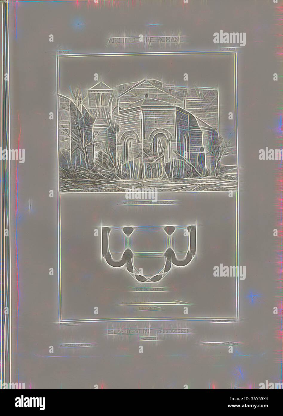 Una rappresentazione astratta presenta una struttura architettonica stilizzata nella parte superiore, circondata da alberi e fogliame, mentre nella parte inferiore un disegno intricato che ricorda un motivo decorativo o un emblema., Chiesa di San Rufo vicino Avignone 1, Chiesa dell'Abbazia di Saint-Ruf ad Avignone, firmata: H. Revoil del, Cl, Sauvageot sc, A. Morel éditeur, Fig. 42, PL. XXVIII, dopo pag. 50, Revoil, Henry (del.); Sauvageot, Cl. (sc.); Morel, A. (éditeur), Henry Revoil: Architecture romane du Midi de la France: dessinée, mesurée et décrite. BD 1) Parigi: VVE A. Morel & Cie, Libraires-Editeurs, MDCCC LXXIII. [1873 Foto Stock