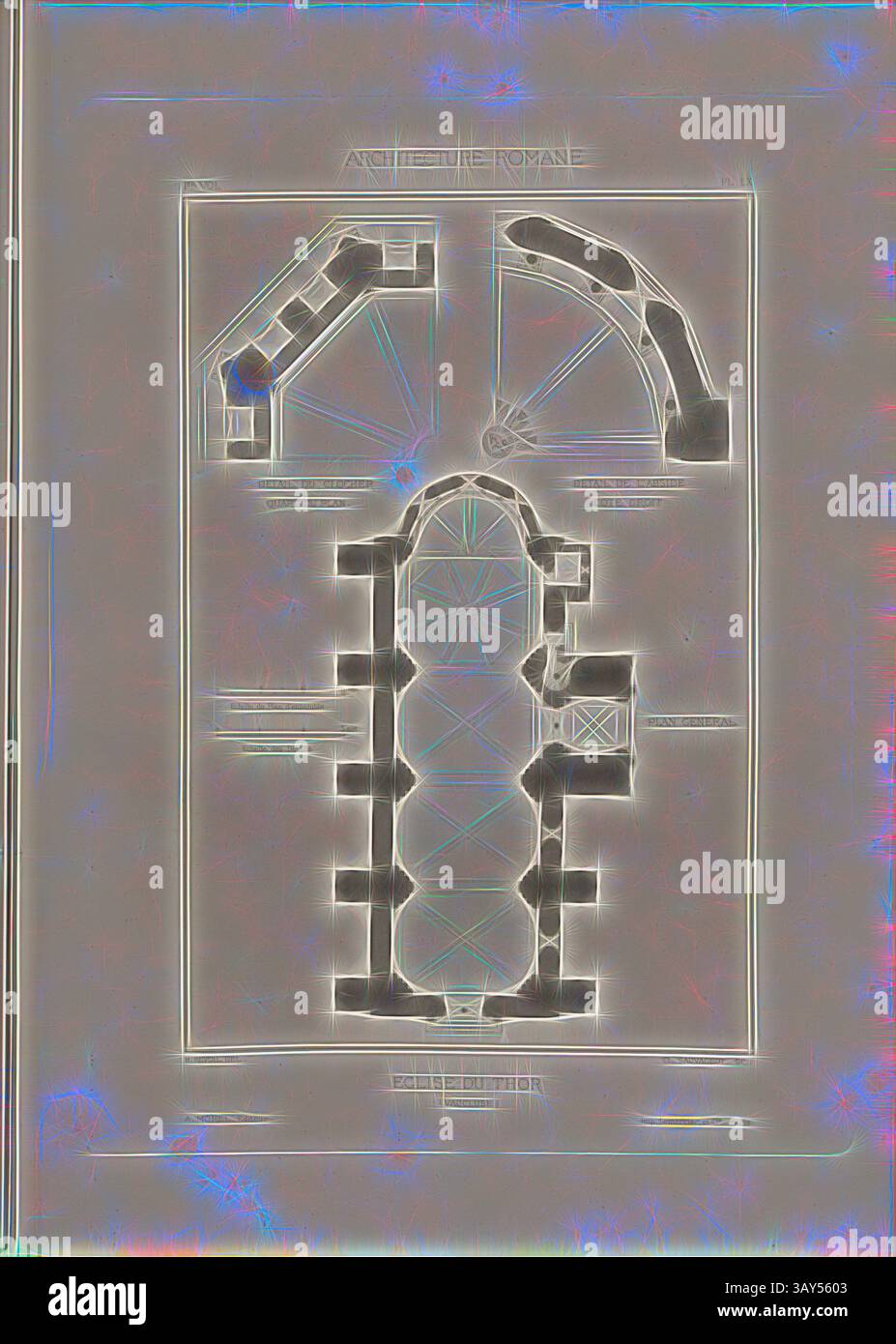 Un dettagliato piano architettonico che mostra la disposizione di una struttura caratterizzata da intricati elementi di design, tra cui archi e motivi geometrici, con annotazioni che evidenziano varie sezioni., Chiesa di Thor Vaucluse 4, pianta del suolo della chiesa di Notre-Dame-du-Lac a le Thor, firmato: H. Revoil del, Cl, Sauvageot sc, A. Morel éditeur, Fig. 74, PL. LX, a P. 50, Revoil, Henry (del.); Sauvageot, Cl. (sc.); Morel, A. (éditeur), Henry Revoil: Architecture romane du Midi de la France: dessinée, mesurée et décrite. BD 1) Parigi: VVE A. Morel & Cie, Libraires-Editeurs, MDCCC LXXIII. [1873], Classic Foto Stock