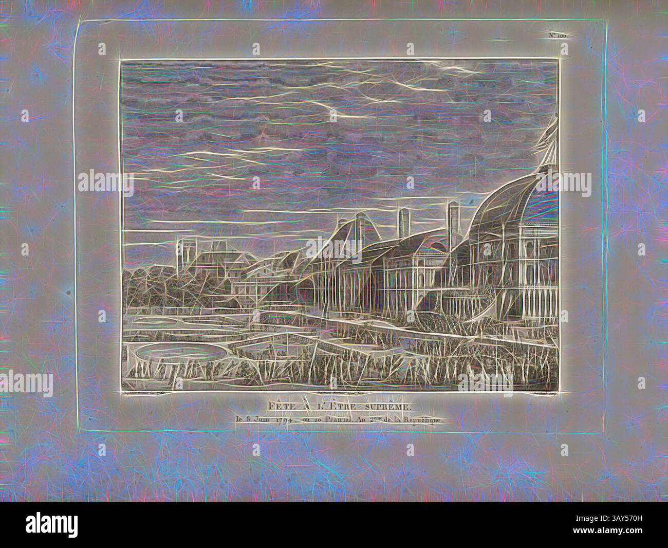 Un tranquillo paesaggio caratterizzato da una fila di cottage accoccolati tra dolci colline, con acque fluenti nelle vicinanze e un cielo spettacolare in alto. La scena cattura un momento tranquillo nella natura, invitando a riflettere e apprezzare la bellezza rurale., Festa del Supremo essere, 8 giugno 1794, o 20 Prairial anno 2. Della Repubblica, Festa del Supremo essere al Campus Marzio a Parigi l'8 giugno 1794, firmato: Duplessis Bertaux inv. Et del, Duplessis Bertaux (acqua forti); scultura Berthault, Fig. 33, no 100, secondo P. 404 (Centième tableau), Swebach de Fontaine, Jacques Francesco Giuseppe (inv. Et del Foto Stock
