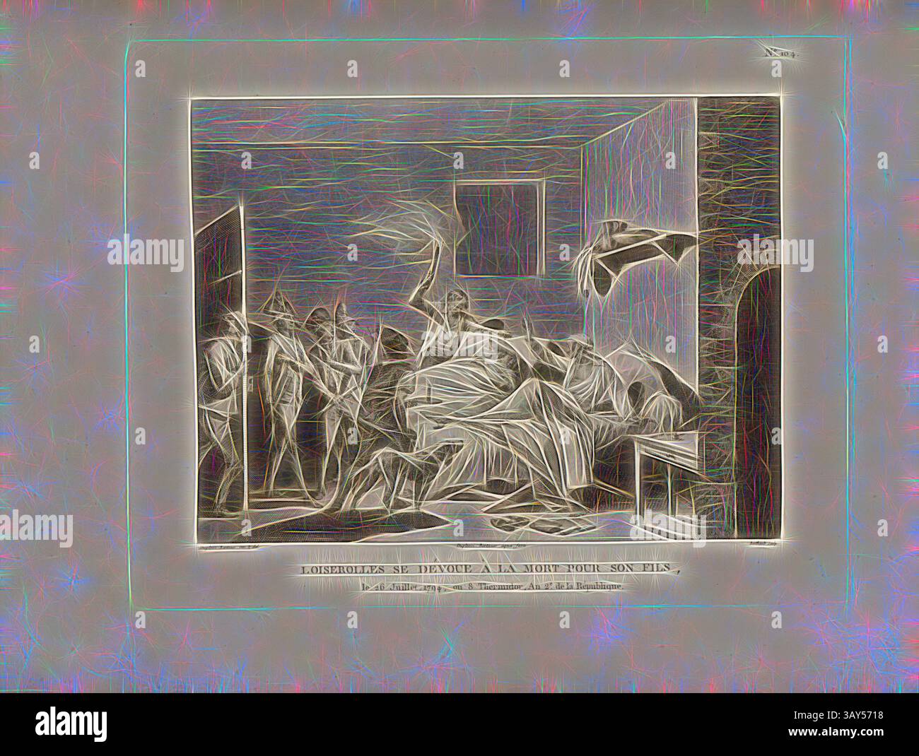 Una scena caotica raffigura figure in varie pose, apparentemente colte in un momento di tumulto e disperazione, ambientate in una stanza che aggiunge un'atmosfera drammatica. L'opera d'arte trasmette un forte senso di emozione e movimento, mettendo in evidenza l'intensità dell'esperienza umana., Loiserolles si dedica alla morte per suo figlio, il 26 luglio 1794, o 8 Thermidor, un 2. Jean Simon aved de Loizerolles si sacrifica per suo figlio Jean Simon de Loizerolles il 26 luglio 1794, firmato: Duplessi-Bertaux inv. Et del, Duplessi-Bertaux Aqua forti; scultura Berthault, Fig. 37, no 104, dopo pag. 420 (. Foto Stock