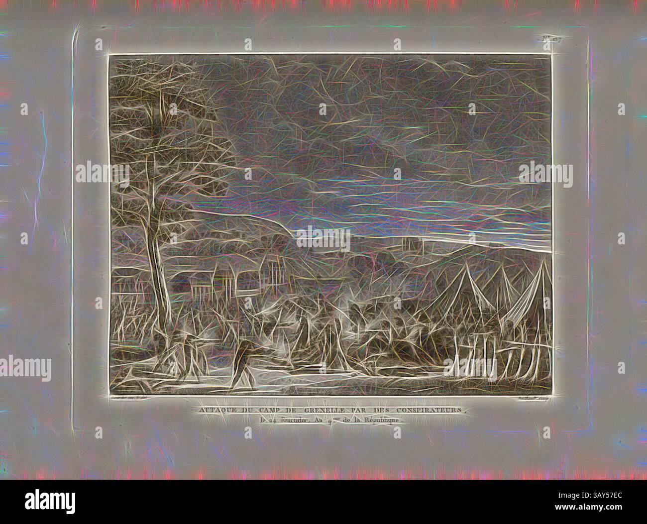 Una scena drammatica che raffigura un campo militare con tende poste contro un cielo tumultuoso. Le figure si muovono in mezzo al campo mentre gli alberi incorniciano lo sfondo, suggerendo un'atmosfera di tensione e urgenza. Il paesaggio suggerisce una tempesta imminente, che accresce il senso di presunzione, attacco del campo di Grenelle da parte di cospiratori, 24 Fructidor, anno 4. Repubblica, campo di Grenelle nella notte dal 9 al 10 settembre 1796, firmato: Girardet inv. Et del, Berthault sculp, Fig. 60, no 127, dopo P. 512 (cent-vingt-septième tableau), Girardet, Abraham (inv. Et del.); Berthault, Pierre-Gabriel (sc Foto Stock