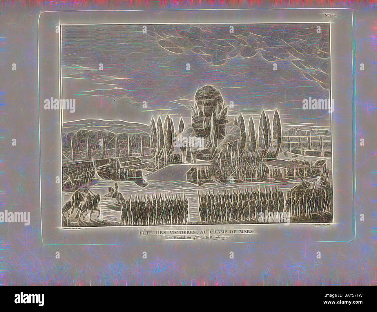 Un paesaggio stilizzato caratterizzato da una grande struttura circondata da alti alberi, con un sereno corpo d'acqua nelle vicinanze. In primo piano, le persone si impegnano in varie attività tra campi lussureggianti, tutti disposti contro un cielo pieno di morbide nuvole. La scena trasmette un senso di tranquillità e grandezza., giorno della Vittoria, al Champ de Mars, 10 Prairial, anno 4. Della Repubblica, Fête des Victoires sul Campus Martius a Parigi il 29 maggio 1796, ha firmato: Girardet inv. Et del, Berthault sculp, Fig. 59, no 126, dopo P. 508 (cent-vingt-sixième tableau), Girardet, Abraham (inv. Et del.); Berthault, Pierre-Gabriel (sc Foto Stock