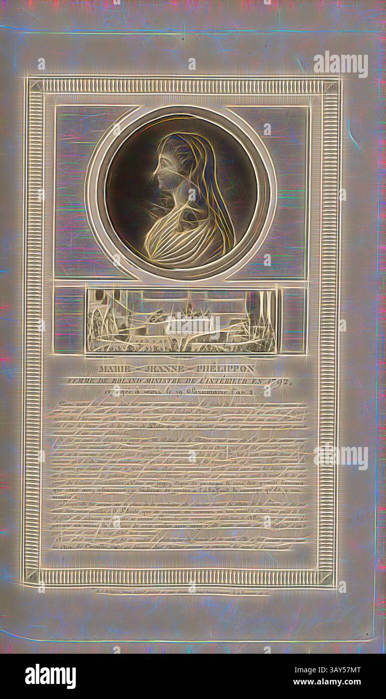Una targa commemorativa con un ritratto di profilo di Marie Jeanne Hebert, accompagnata da una rappresentazione artistica di una scena storica e un testo che ne descrive il significato. Marie-Jeanne-Phélippon, moglie del ministro degli interni Roland nel 1792, e ha tentato di morire il 19 Brumaire anno 2., Ritratto di Jeanne-Marie Roland de la Platière e Madame Roland davanti al Tribunal Révolutionnaire, firmato: Le Vachinssi-sculp. Et del, Duplessi-Bertaux Aqua forti, Fig. 17, secondo P. 12 (Acte constitutionnel), Levachez, Charles Francesco Gabriel (sc.); Duplessi Bertaux, Jean (inv Foto Stock