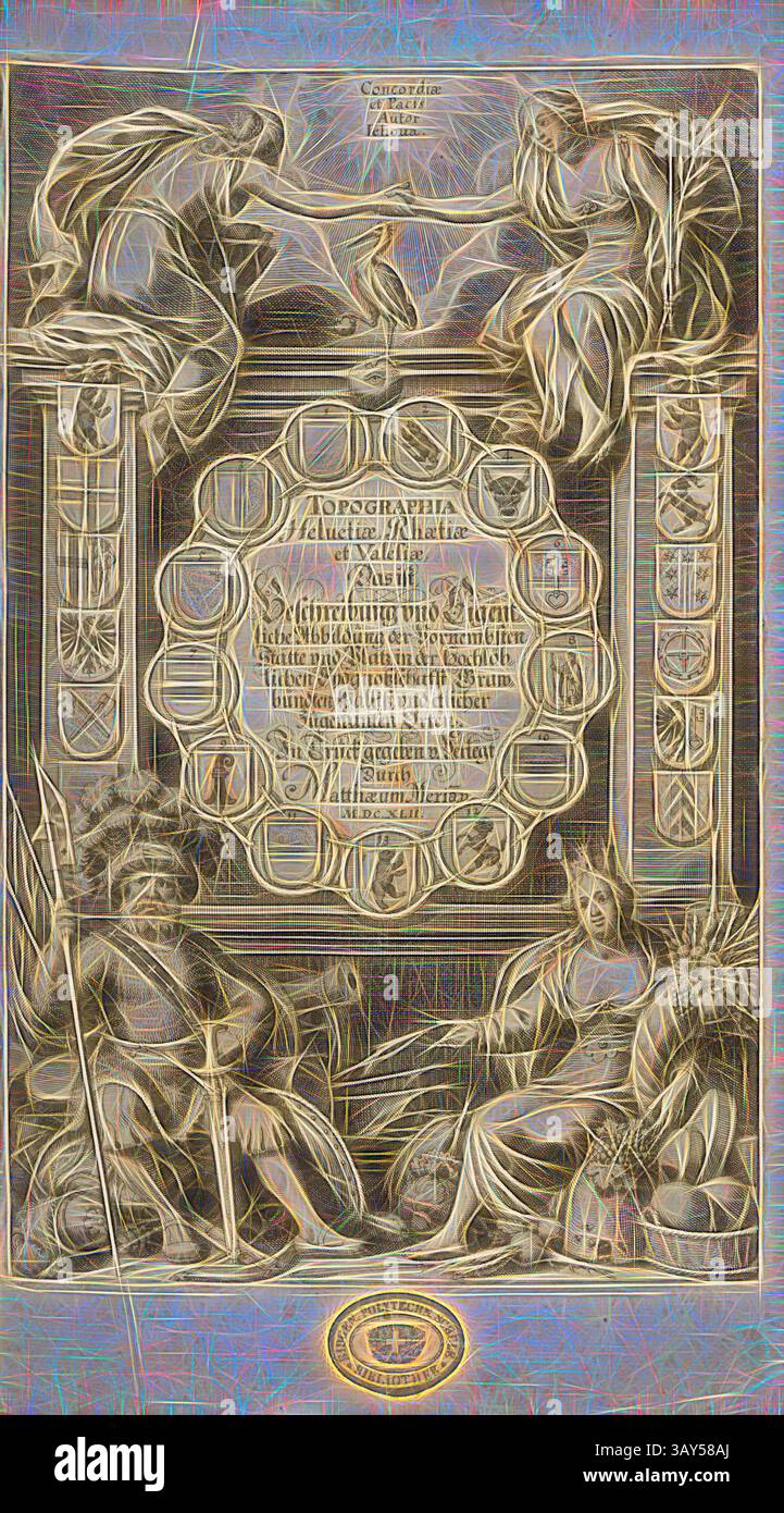 Un'intricata composizione artistica con figure allegoriche ed elaborati elementi decorativi, incentrata su un motivo circolare con testo inscritto. La scena cattura un senso di grandezza e di influenza classica, con figure che rappresentano virtù o concetti diversi, incorniciate da confini ornati e immagini simboliche., autore di pace e armonia ichot, due muse, stemma cantonale e soldato svizzero, frontespizio, Matthaeus Merian der Ältere: Topographia Helvetiae, Rhaetiae, et Valesiae: das ist, Beschreibung und eygentliche Abbildsten Plätze vorneder Stätte in hochlöblichen Foto Stock