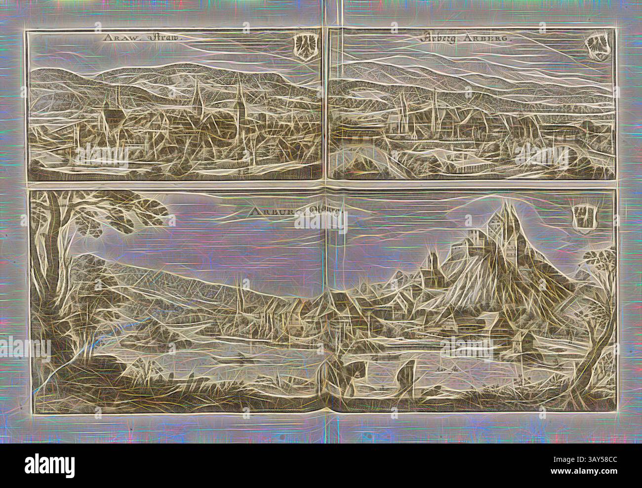 Una collezione di tre scene paesaggistiche dettagliate che mostrano una varietà di elementi naturali, tra cui montagne, valli e alberi, ciascuno incorniciato da bordi ornati. Le scene raffigurano panorami sereni che evocano un senso di tranquillità e avventura: Araw, Arberg und Arburg, Aarau, Aarberg e Aarburg, firmato: iOS., Plep delin, fig. 14, p. 26, Plepp, Joseph (del.), Matthaeus Merian der Ältere: Topographia Helvetiae, Rhaetiae, et Valesiae: das ist, Beschreibung und eygentliche Abbildung der vornehmsten Stätte und Plätze in der hochlöblichen Eydgnossschafft, Graubündten, Wallis, und Foto Stock