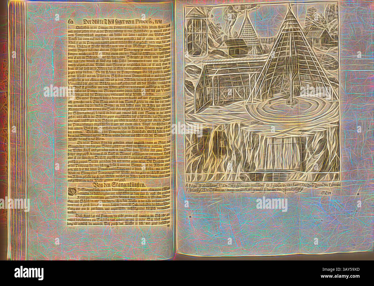 Un'antica pagina di testo piena di intricate lettere accanto a un'illustrazione dettagliata di una struttura triangolare adagiata su uno sfondo naturale, con una cascata e edifici stilizzati, che fondono elementi di storia e arte., Göpelwerk, incisione in rame di un movimento di goepel, no 14, secondo P. 62, 1690, Georg Engelhard Löhneysen, Gottfried Liebezeit: Gründlicher und auszführlicher Bericht von Bergwercken: wie man dieselbigen nützlich und fruchtbarlich bauen, in glückliches Auffnehmen bringen, und in guten Wolstand beständig erahlten [...]. Stoccolma e Amburgo: Liebezeit, 1690, Classic Foto Stock