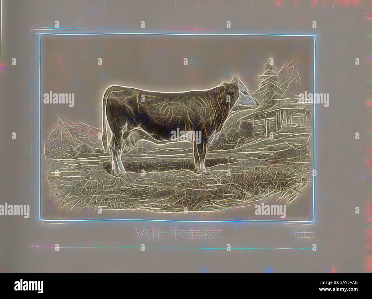 Un profilo laterale di una mucca si erge in un paesaggio erboso, con contorni stilizzati e un accenno di alberi sullo sfondo, mostrando una serena scena pastorale. Le parole "WALDEDEEN" sono incise sotto la raffigurazione., mucca di Berna, razza bovina bernese, mucca, firmata: Phot., Nadar jn; Isidore Bonheur; A. Riffaut Heliog., et sculp, PL. XXXV, p. 85, Emile Baudement: Les races bovines au concours universel agricole de Paris en 1856: Études zootechniques. BD 2) Parigi: Imprimerie Impériale, MDCCCLXI [1861], arte classica con un tocco moderno reinventata da Artotop Foto Stock