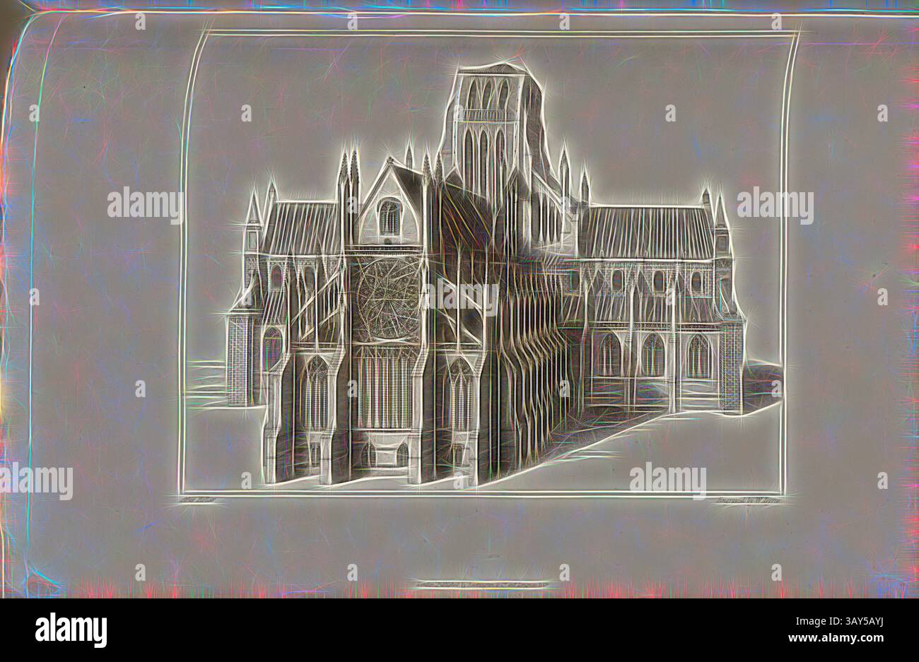 Un'intricata illustrazione architettonica presenta una grande cattedrale gotica, che mostra dettagli ornati come archi a punta, intricati disegni di finestre e una torre prominente. Il gioco di luci e ombre esalta l'effetto drammatico della struttura, enfatizzandone l'altezza e la complessità. Cattedrale di St. Paul da East Prospect, Old St Paul's Cathedral di Londra, firmata: After Hollar; incisa da W. Byrne; pubblicata da Lackington & Co. E Longman & Co., PL. XL, pag. 108, Hollar, Wenzel (disegno); Byrne, W. (incisione); Lackington & Co (publ.); Longman & Co. (publ.), William Dugdale, Henry Foto Stock