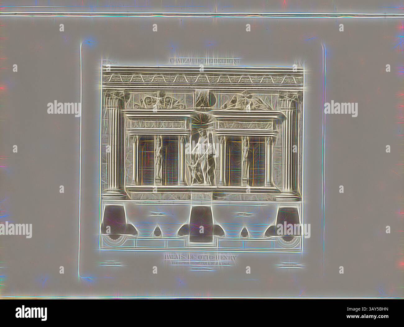 Struttura architettonica classica con colonne e intricati rilievi, figure e dettagli ornamentali che riflettono l'antica arte e il design. Castello di Heidelberg, Palazzo otto Enrico, 2. Altezza geometrica del pavimento, elevazione del 2° piano dell'Ottheinrich Building dal Castello di Heidelberg, firmata: Dessiné et Gravé par Rodolphe Pfnor; Imprimé di F. Chardon aîné, Fig. 7, parte 1, PL. V, secondo P. 16, Pfnor, Rodolphe (dessiné et gravé); Chardon, F. aîné (imprimé), Rodolphe Pfnor, Daniel Ramée: Monographie du Château de Heidelberg. Parigi: A. Morel et Cie, Editeurs, 1859 Foto Stock