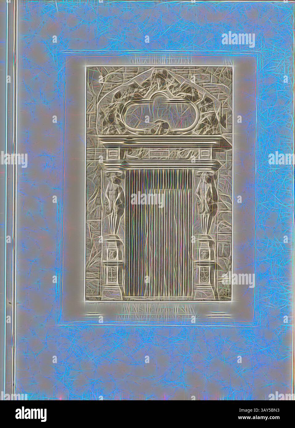 Porta ornata con intricate incisioni e figure, incorniciata da un vibrante bordo blu che esalta i dettagli artistici del progetto. Castello di Heidelberg, palazzo otto-Enrico, porta interna del vestibolo, porta nell'edificio Ottheinrich del castello di Heidelberg, firmata: Dessiné et Gravé par Rodolphe Pfnor; Imprimé di F. Chardon aîné, Fig. 8, PL. Vi, dopo P. 16, Pfnor, Rodolphe (dessiné et gravé); Chardon, F. aîné (imprimé), Rodolphe Pfnor, Daniel Ramée: Monographie du Château de Heidelberg. Parigi: A. Morel et Cie, Editeurs, 1859, arte classica con un tocco moderno reinventata da Artotop Foto Stock