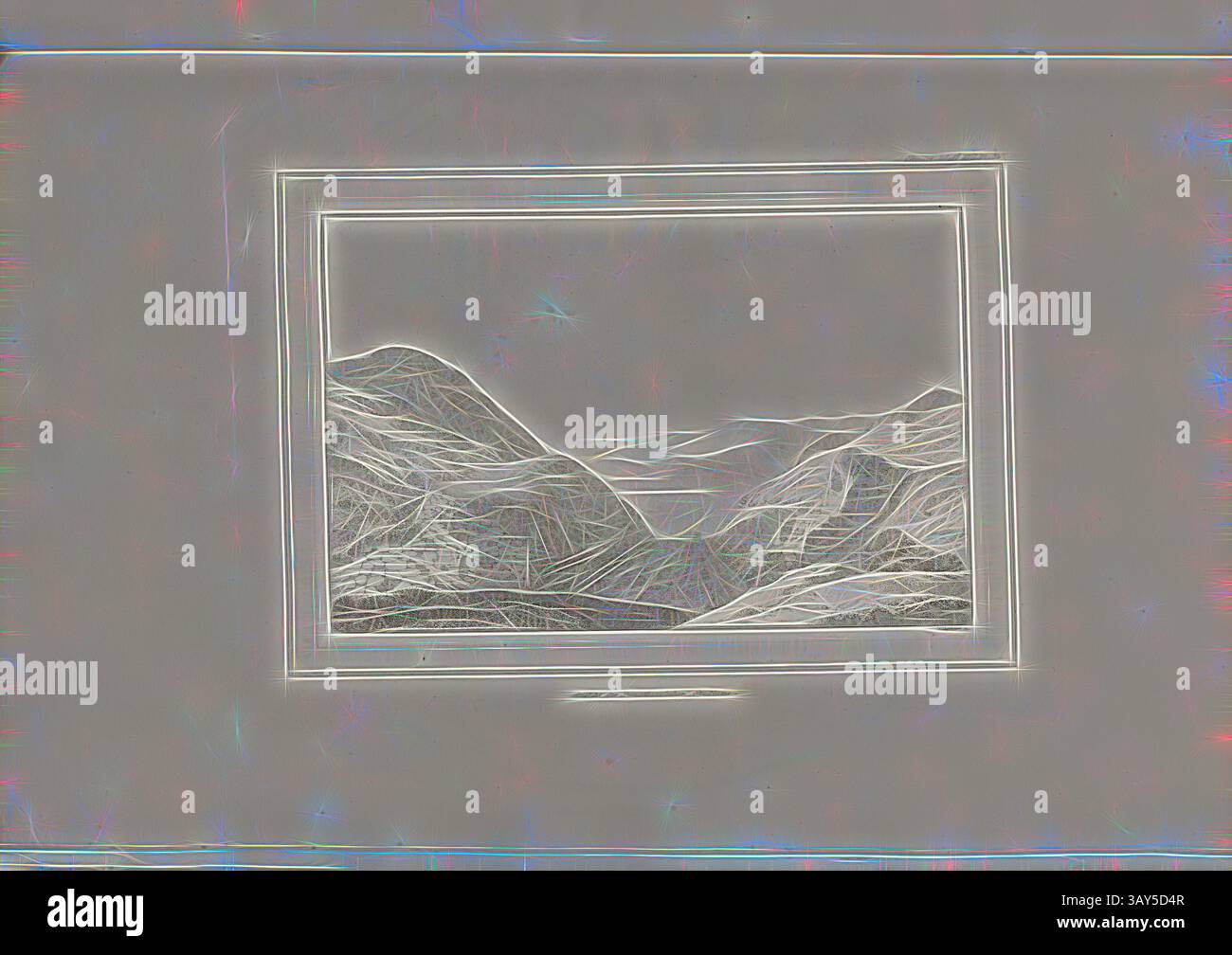 Una rappresentazione stilizzata di un paesaggio montano, caratterizzato da linee intricate che evidenziano i contorni delle cime e delle valli, all'interno di una cornice rettangolare., Vista del palcoscenico panatenaico, Stadio Panathinaiko di Atene, firmato: HWberhard sc, PL. IV, Lief. XIII, Eberhard, Heinrich Wilhelm (sc.), 1829, James Stuart, Revett Nicholas: Die Alterthümer zu Athen. Erster Theil. Leipzig und Darmstadt: Verlag von Carl Wilhelm Leske, [1829], arte classica con un tocco moderno reinventata da Artotop Foto Stock