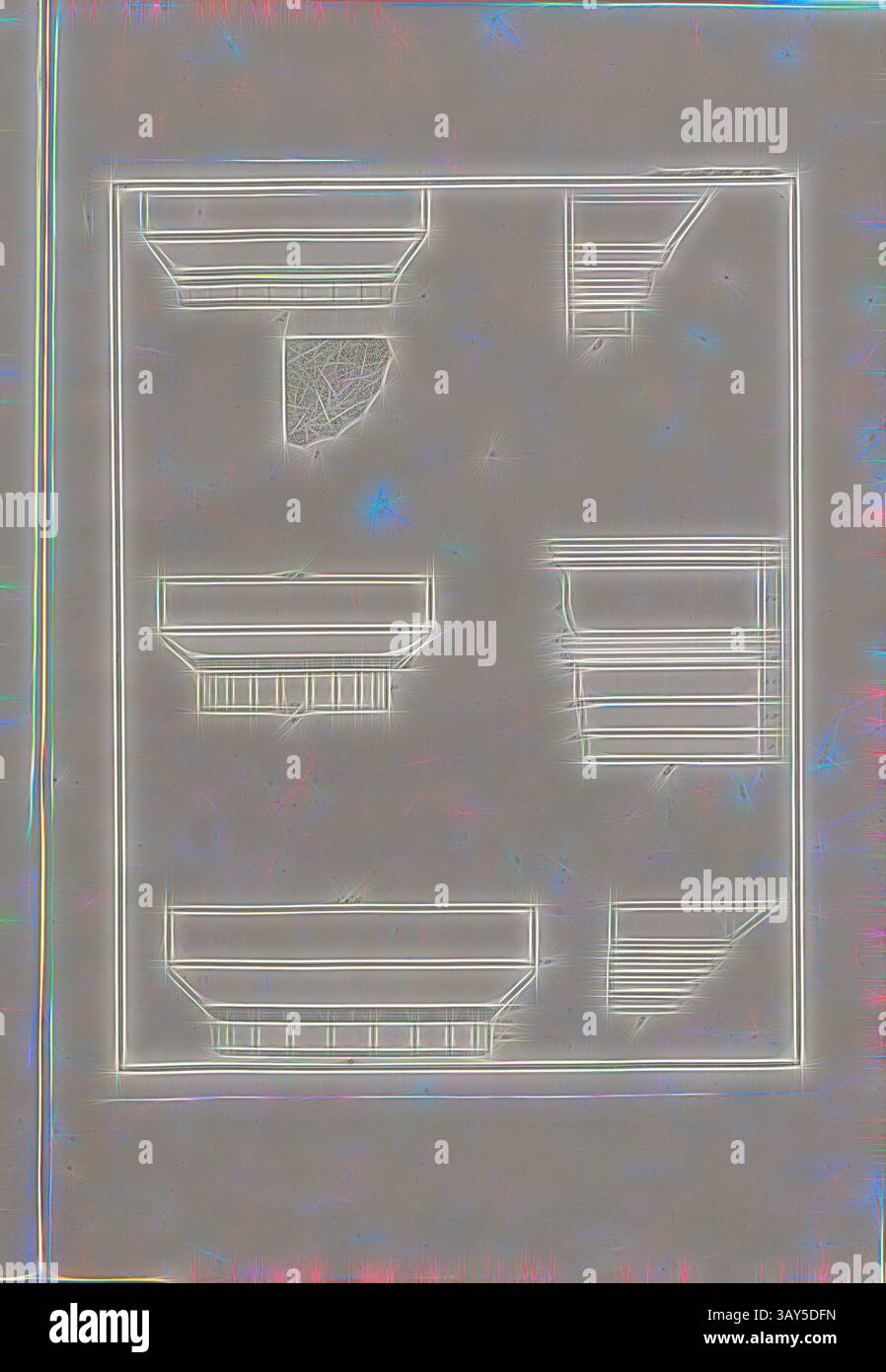 Una raccolta di schizzi architettonici astratti con vari disegni ed elementi strutturali, disposti in un modello simile a una griglia. Le linee sono nitide e pulite, sottolineando le forme e i dettagli unici di ogni design. Capitelli e frammenti dorici, Dettagli di edifici antichi, PL. VIII, del. XVIII, 1829, James Stuart, Revett Nicholas: Die Alterthümer zu Athen. Erster Theil. Leipzig und Darmstadt: Verlag von Carl Wilhelm Leske, [1829], arte classica con un tocco moderno reinventata da Artotop Foto Stock
