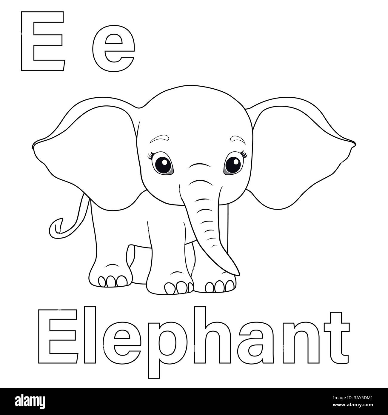 Foglio di lavoro della pratica di ricalco dell'alfabeto ABC. Lettera e per pagine da colorare Elephant V Illustrazione Vettoriale