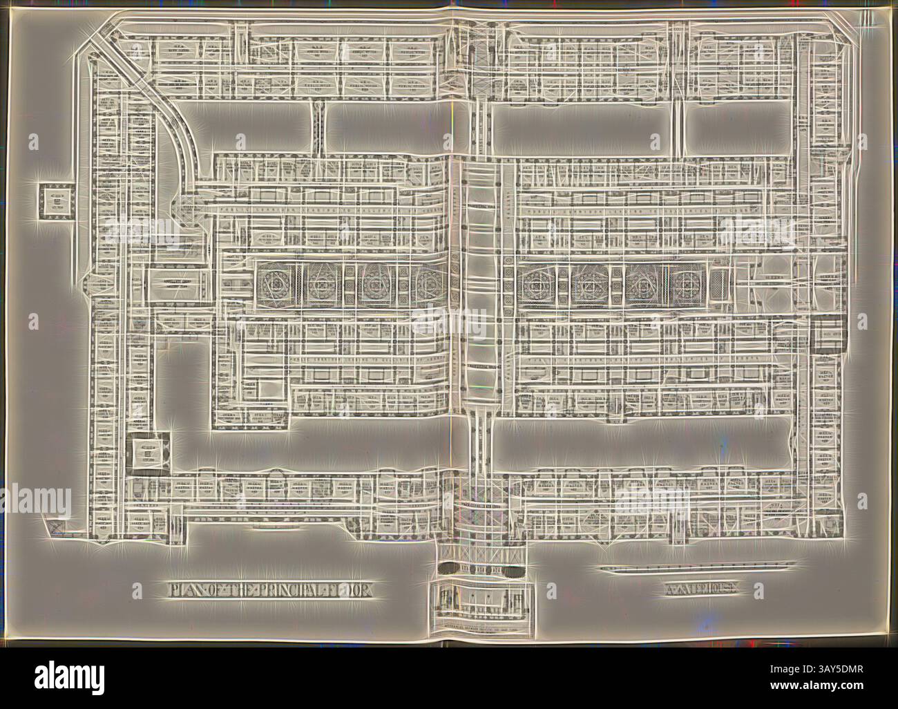 Un progetto dettagliato di un edificio, caratterizzato da numerose camere e corridoi, comprese sezioni etichettate e caratteristiche architettoniche. Il progetto mostra una disposizione meticolosa, che indica un ambiente pianificato e strutturato., Plan of the Principal Floor, Plan of the Main Courtyard of the Royal Courts of Justice in London After Alfred Waterhouse, Plate III, After P. 24, Alfred Waterhouse: General description of design: Courts of Justice competition. Londra: Stampato da George E. Eyre e William Spottiswoode: Her Majesty's Stationery Office, 1867, arte classica con un tocco moderno Foto Stock