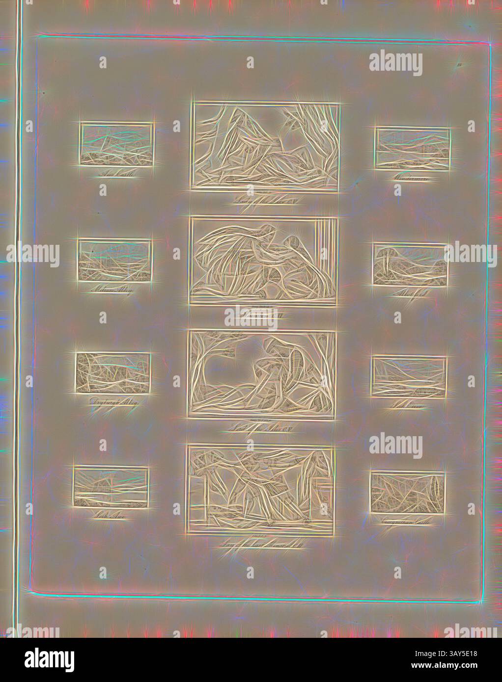 Una serie di intricati disegni al tratto che mostrano vari paesaggi e forme astratte, ciascuno incorniciato da delicati bordi. Le composizioni catturano una serie di elementi naturali, evocando un senso di tranquillità e contemplazione. Bassorilievi dalla casa estiva Buckingham Palace Gardens, il Castello di Aros; la Signora del Lago C. V, Windermere, Melrose Abbey; Marmion C. vi, Abbotsford, abbazia di Dryburgh; signore delle isole C.. V, Etive del foro; AWE del foro; posa dell'ultimo Minstrel C. II, Castello di Craignethan, Taf. 19, 14, dopo p. 11, Bell, John (sc.); Timbrell, Henry (sc.), Ludwig Gruner; Anna Jameson: le decorazioni Foto Stock