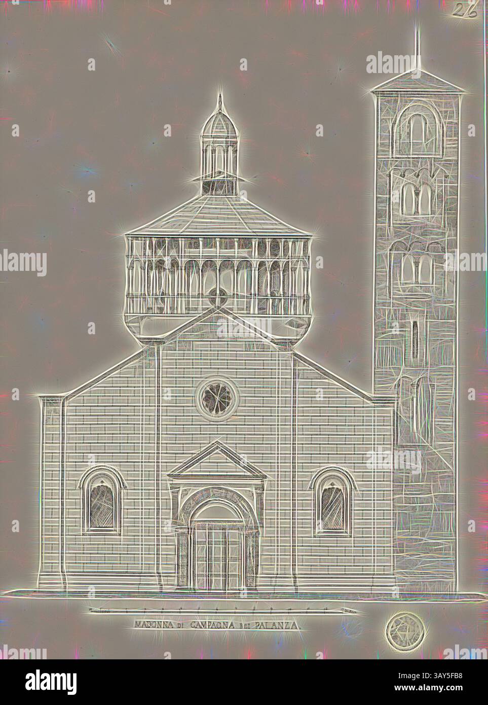 Un'illustrazione stilizzata di una chiesa storica caratterizzata da una cupola rotonda, intricati dettagli architettonici e un alto campanile accanto all'ingresso principale. Il disegno enfatizza la forma geometrica e gli elementi ornamentali della struttura: Madonna di campagna bellissima Palanza, Chiesa della Madonna di campagna a Verbania, Fig. 28, secondo IX, Julius Stadler, Georg Lasius: Exkursion der Bauschule im Juli 1864: [Tessin]. Zürich: [S.n.], [1864?], arte classica con un tocco moderno reinventata da Artotop Foto Stock