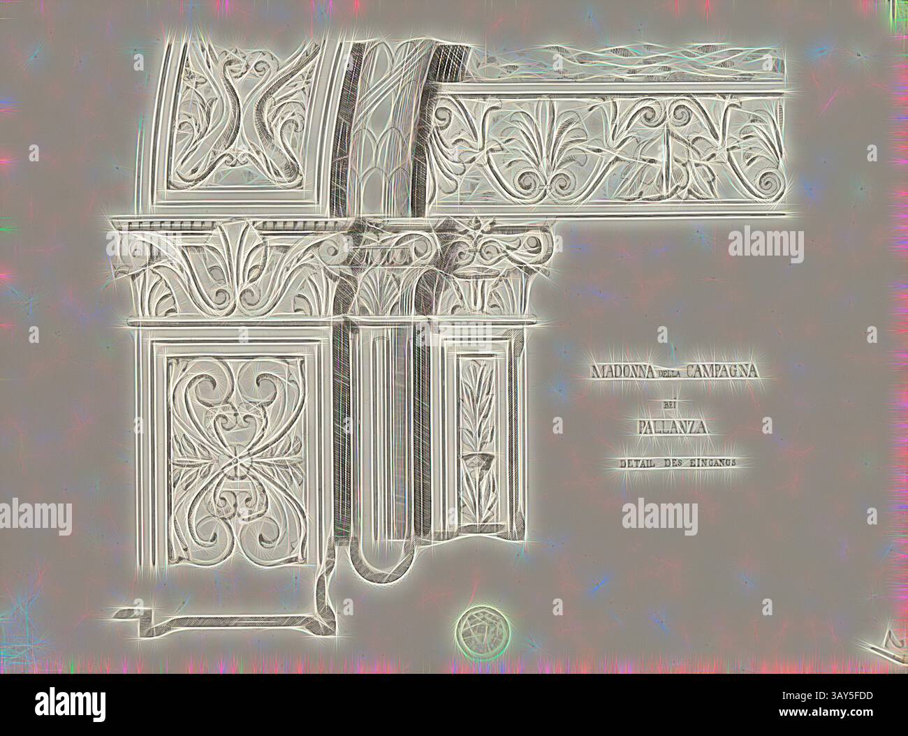 Una dettagliata rappresentazione architettonica caratterizzata da intricati disegni ornamentali, che mostrano elaborati motivi e texture, insieme a una sezione etichettata che fa riferimento alla "Madonna della campagna". La Madonna della campagna di Pallanza. Particolare des Eingangs, porta della chiesa della Madonna di campagna a Verbania, Fig. 29, secondo IX, Julius Stadler, Georg Lasius: Exkursion der Bauschule im Juli 1864: [Tessin]. Zürich: [S.n.], [1864?], arte classica con un tocco moderno reinventata da Artotop Foto Stock