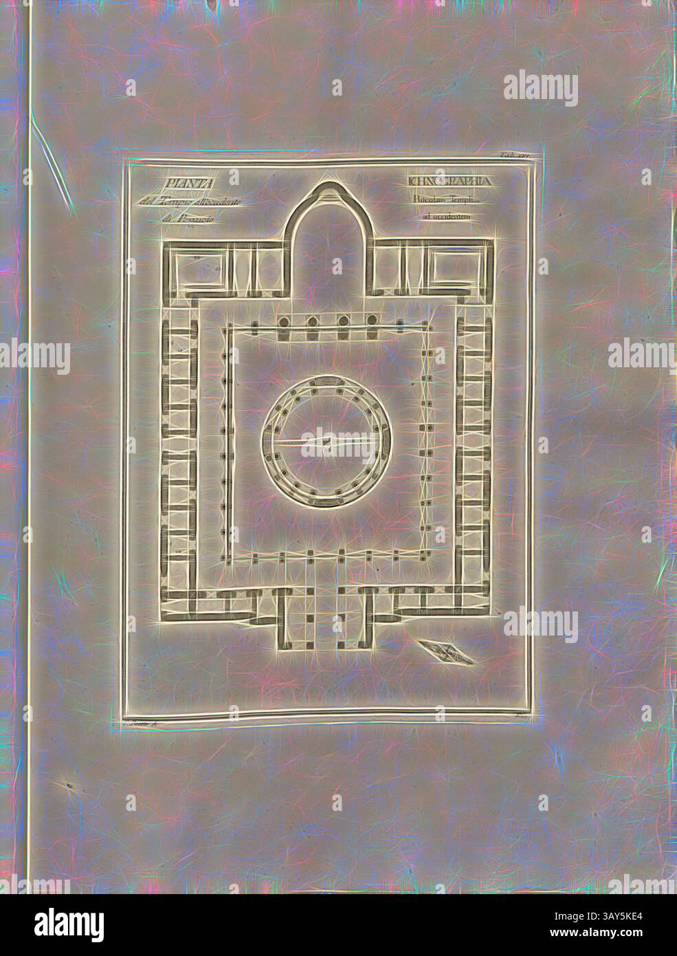 Un dettagliato progetto architettonico che mostra la disposizione di un tempio, caratterizzato da disegni intricati e un'area circolare centrale, circondata da strutture e sentieri simmetrici. La composizione complessiva riflette un mix di tradizione e precisione nel design., pianta del Tempio ad ovest di Pozzuolo, disposizione del Macellum di Pozzuoli (Italia), firmato: T. Rajola A, in, Tab. XVI, Rajola, Tommaso (del.); Fiorillo, Nicola (sc.), 1768, Paolo Antonius Paoli: avanzi delle antichita esistenti a Pozzuoli cuma e Baja. [Neapel]: [S.n.], anno A.C.N.MDCCLXVIII. [1768], arte classica con un tocco moderno reinventata Foto Stock