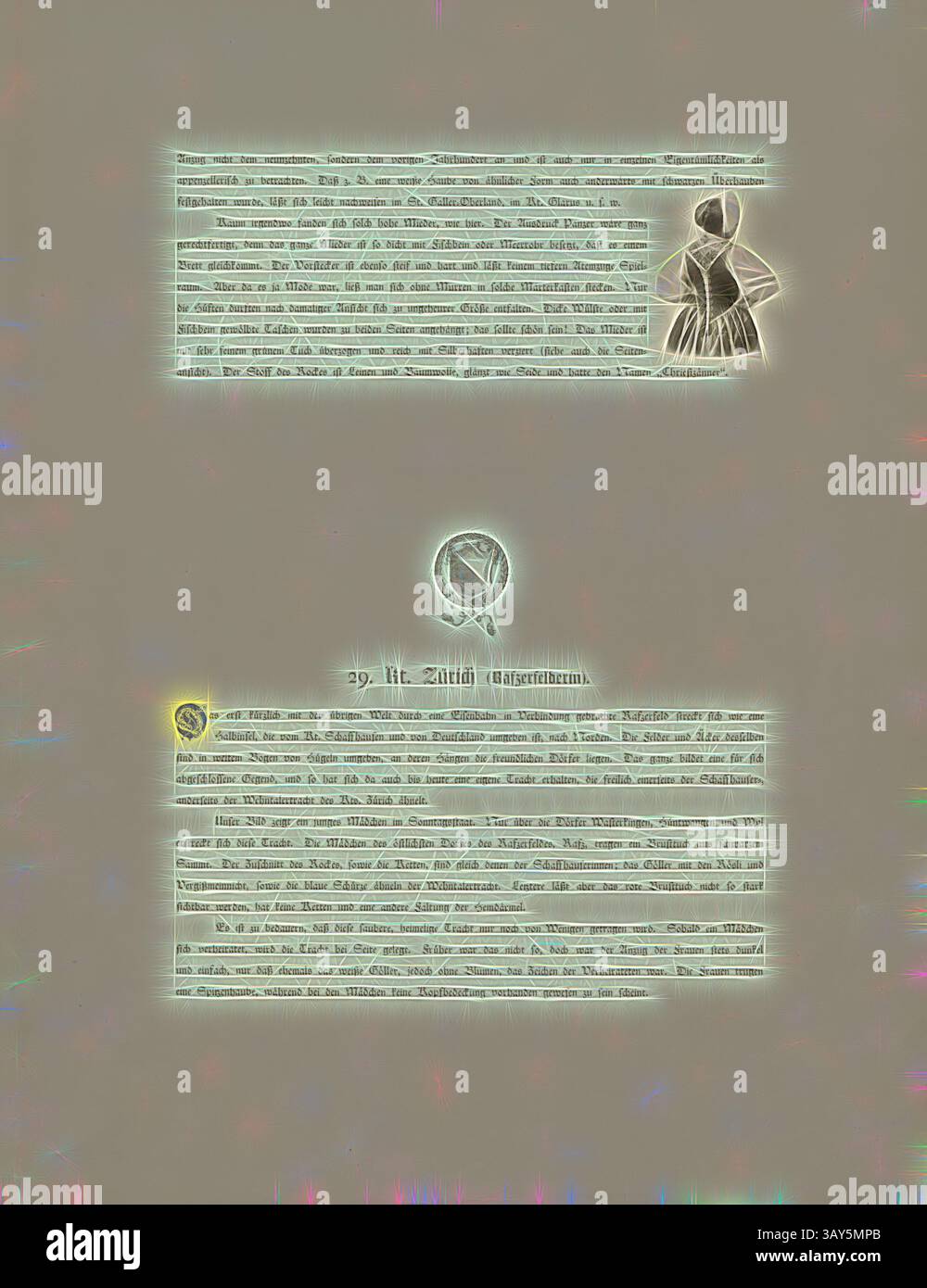 L'opera presenta due sezioni di testo stilizzato accompagnate da una figura astratta in un abito e da un emblema circolare. Il testo sembra essere un passaggio narrativo o informativo, mentre la figura aggiunge un elemento visivo, migliorando il design generale. Lo sfondo ha una trama sottile, che conferisce profondità alla composizione., KT. Appenzell Outer Rhodes e KT. Zurigo, Costume del Cantone Appenzello Ausserrhoden e stemma dei Cantoni Appenzello Ausserrhoden e Zurigo, Fig. 49, pag. 71, Ganz, Rudolf (Fotografische Aufnahmen); Polygraphisches Institut (Chromofotogravur), Rudolf Ganz, Julie Foto Stock