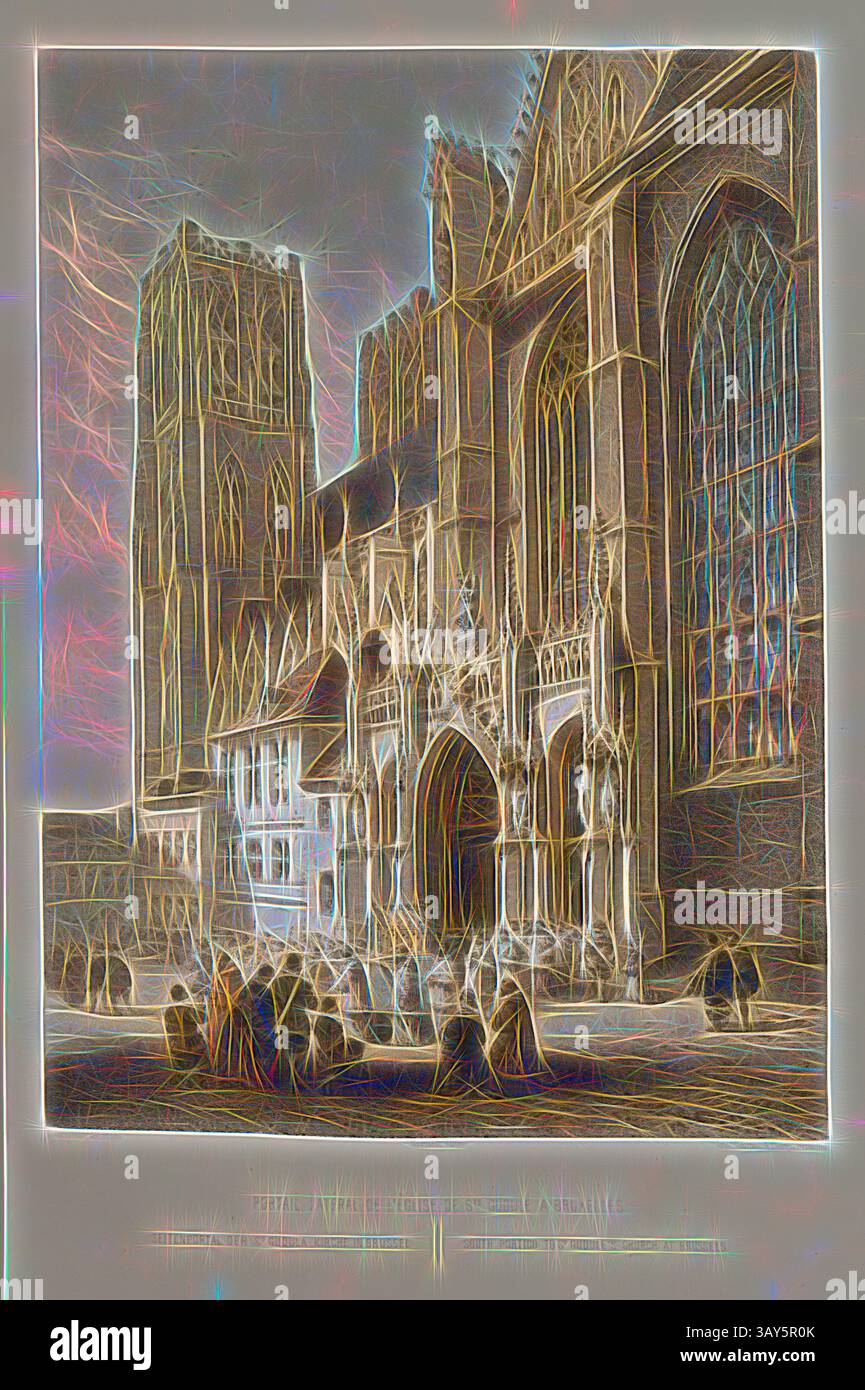 Una grande cattedrale gotica con intricati dettagli architettonici, caratterizzata da alte guglie, grandi vetrate colorate e un vivace cortile pieno di visitatori. La struttura trasuda un'aria di importanza storica e di artigianato artistico. Portale laterale della chiesa di S. Gudule a Bruxelles, Cattedrale di San Michele e San Gudula a Bruxelles, firmato: F. Stroobant del. Et lith, Muquart éditeur; Imp. Simonau e Toovey, fig. 1, Stroobant, F. (del. Et lith.); Simonau et Toovey (imp.); Muquart (éd.), Francois Stroobant, F. Stappaerts: Le Brabant et les Flandres: Monuments d'Architecture et Foto Stock