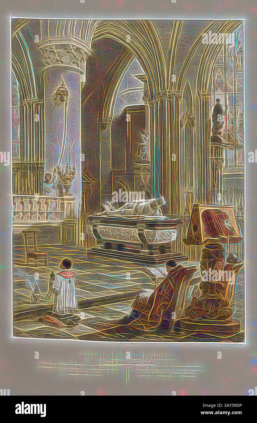 Un tranquillo interno di una grande cattedrale presenta archi torreggianti e dettagli intricati, con un senso di riverenza come una figura si inginocchia in contemplazione vicino a un altare ornato. La luce soffusa scorre attraverso le vetrate colorate, illuminando lo spazio e creando un'atmosfera eterea. Interni della Chiesa di S. Gudule, Tomba di Bruxelles dell'arciduca Ernesto d'Austria, Tomba di Ernesto d'Austria (1553 1595) nella Cattedrale di San Michele e San Gudula a Bruxelles, firmata: F. Stroobant del. Et lith, Muquart éditeur; Imp. Simonau e Toovey, fig. 2, Stroobant, F. (del. Et lith.); Simonau et Toovey (imp.); Muquart ( Foto Stock