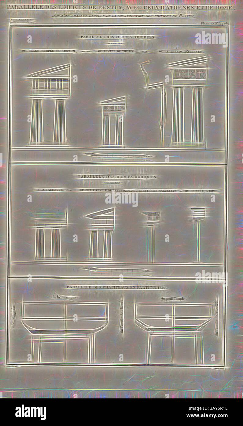Una serie di illustrazioni architettoniche che mostrano gli stili classici delle colonne greche e romane, comprese variazioni di design e elementi strutturali. Ogni sezione mette in risalto le diverse caratteristiche e caratteristiche dei rispettivi stili: Edifici paralleli di Paestum, con quelli di Atene e Roma, Dettagli dei templi di Paestum, Atene e Roma, firmati: Delagardette del, Moisy Sculp, PL. XVI, a p. 76, la Gardette, Claude Mathieu de (del.); Moisy, Alexandre (sc.), Claude Mathieu de la Gardette: Les ruines de Paestum ou Posidonia, ancienne ville de la grande Grèce, à vingt-deux lieues Foto Stock