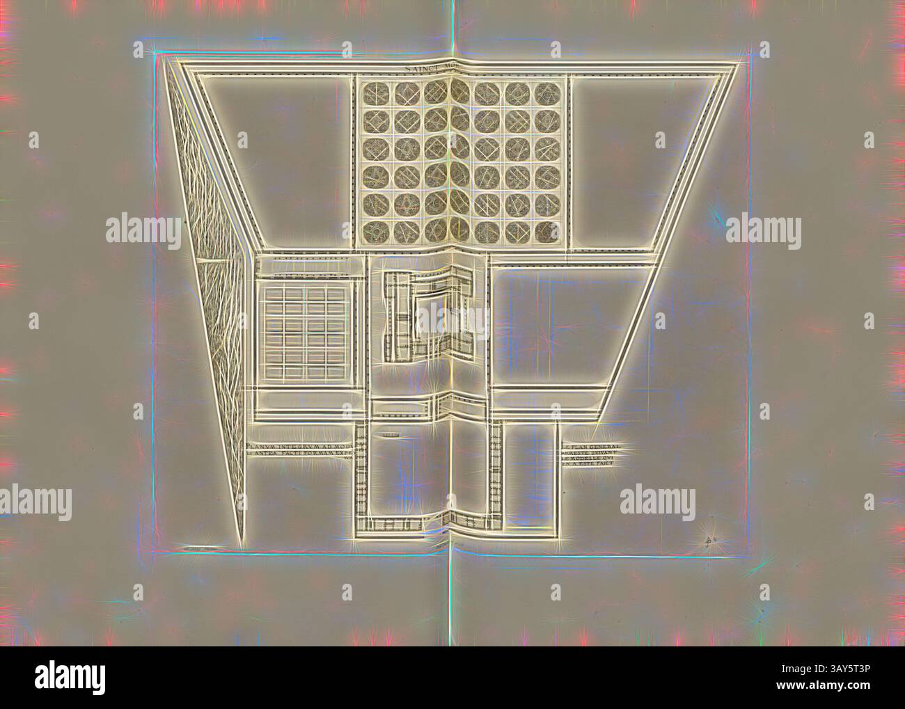 Un progetto architettonico presenta una struttura moderna, caratterizzata da forme geometriche e un motivo a griglia, con dettagli intricati che delineano il layout e gli elementi di design., Sainct Mor. Il piano generale si ferma secondo il modello che è stato fatto, planimetria dell'Château de Saint-Maur in Francia, firmata: FD; Imp. Lemercier et Cie, A. Lévy (ed.), Fig. 28, Cerceau, Jacques Androuet du (del.); Faure-Dujarric, Pierre-Lucien (sc.); Lemercier (imp.); Levy, a. (ed.), 1868, Jacques Androuet du Cerceau; Hippolyte A. Destailleur: Les Plus Excellents bastiments de France. Parigi: A. Lévy, Libraire- Foto Stock