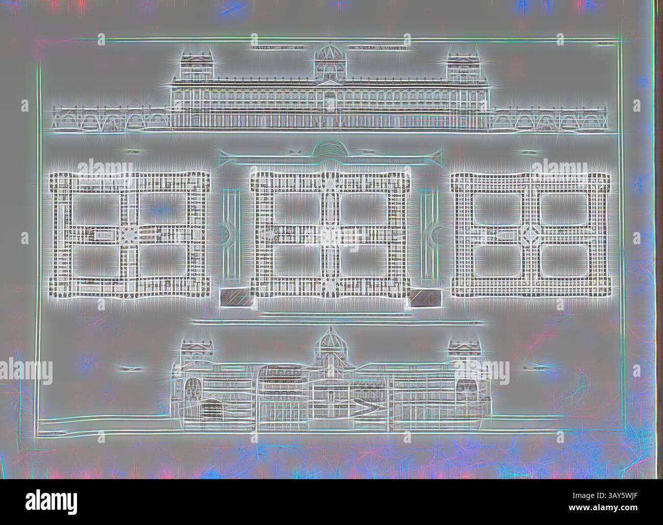 Un'illustrazione architettonica stilizzata caratterizzata da complessi disegni di edifici, che mostrano varie altitudini con dettagliate disposizioni delle finestre ed elementi decorativi. Il layout enfatizza la simmetria e l'estro artistico, creando un concetto architettonico visivamente accattivante. Castello del Re di Napoli a Caserta, Reggia di Caserta, firmato: Gravé par C. Normand, PL. 55, pag. 119, Normand, C. (gravé), Jean-Nicolas-Louis Durand: Recueil et parallèle des édifices de tout genre, anciens et modernes, remarquables par leur beauté, par leur grandeur ou par leur singularité, et dessinés sur une Foto Stock