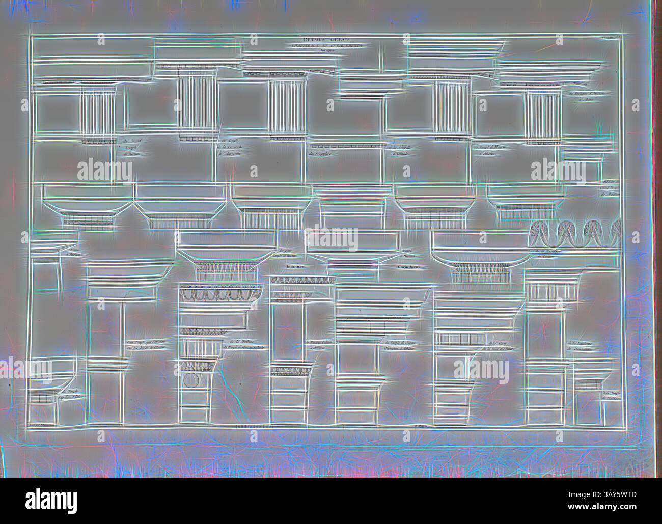 Un disegno architettonico dettagliato che mostra vari stili di colonne e frontoni, evidenziando disegni intricati e l'interazione di linee e forme. Dettagli greci, capitelli e entablature doriche, capitelli dorici e traballature, firmato: Gravé par N. Ransonnette, PL. 69, p. 145, Ransonnette, N. (gravé), Jean-Nicolas-Louis Durand: Recueil et parallèle des édifices de tout genre, anciens et modernes, remarquables par leur beauté, par leur grandeur ou par leur singularité, et dessinés sur une même échelle. Parigi: chez l'auteur, 1801, arte classica con un tocco moderno reinventata da Artotop Foto Stock