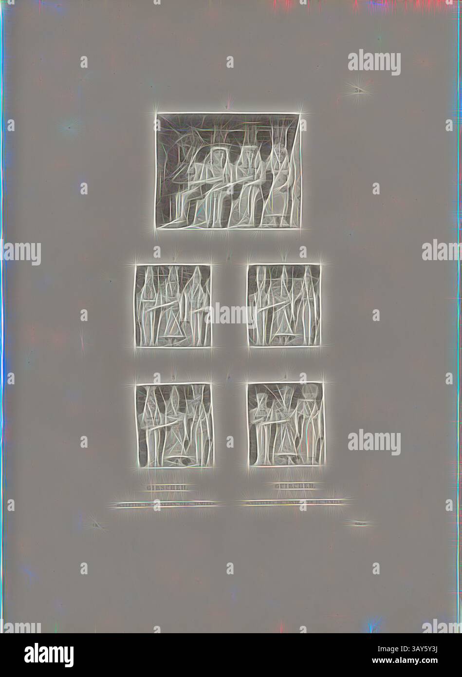 Sono raffigurate una serie di figure astratte che mostrano varie pose e interazioni. L'opera enfatizza le forme e i gesti umani, suggerendo temi di connessione e comunicazione tra le figure. Ogni sezione presenta una disposizione unica, creando una narrazione visiva., Girlish, Scultura all'interno del Tempio, Arte egizia nel Tempio di Gerf Hussein, firmato: GV; Bishop sc, PL. 30, p. 73, Gau, Franz Christian (del.); Vescovo (sc.), Franz Christian Gau; Barthold Georg Niebuhr: Antiquités de la Nubie: ou monumens inédits des bords du Nil, situés entre la première et la seconde Foto Stock