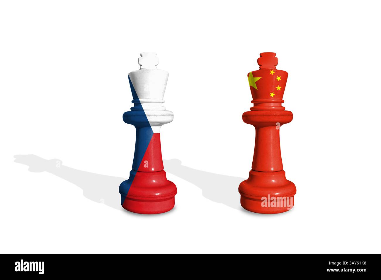 Scacchi fatti con bandiere cecoslovacche e cinesi. Guerra commerciale, doganale e tariffaria Foto Stock
